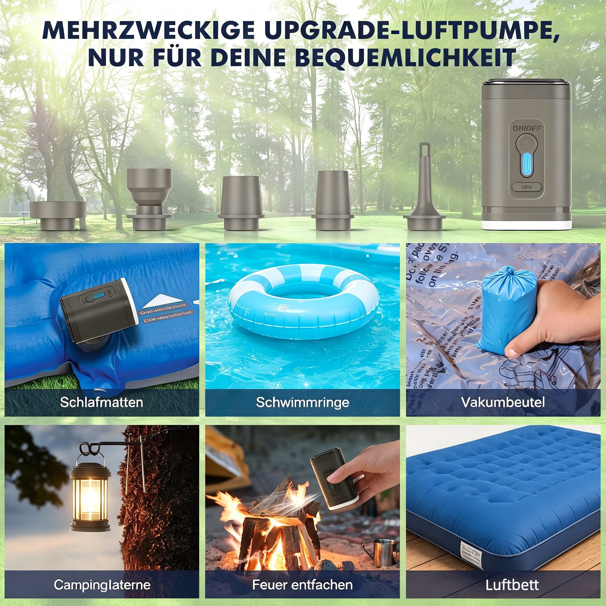 AIBISTAR Luftpumpe Elektrische Luftpumpe mit Akku,Wiederaufladbar,mit LED Licht (Packung, 8-tlg., 5 Düsen, 1 USB Kabel, 1 Aufbewahrungsbeutel, 1 Gerät), 4000mAh – Bild 5 von 5