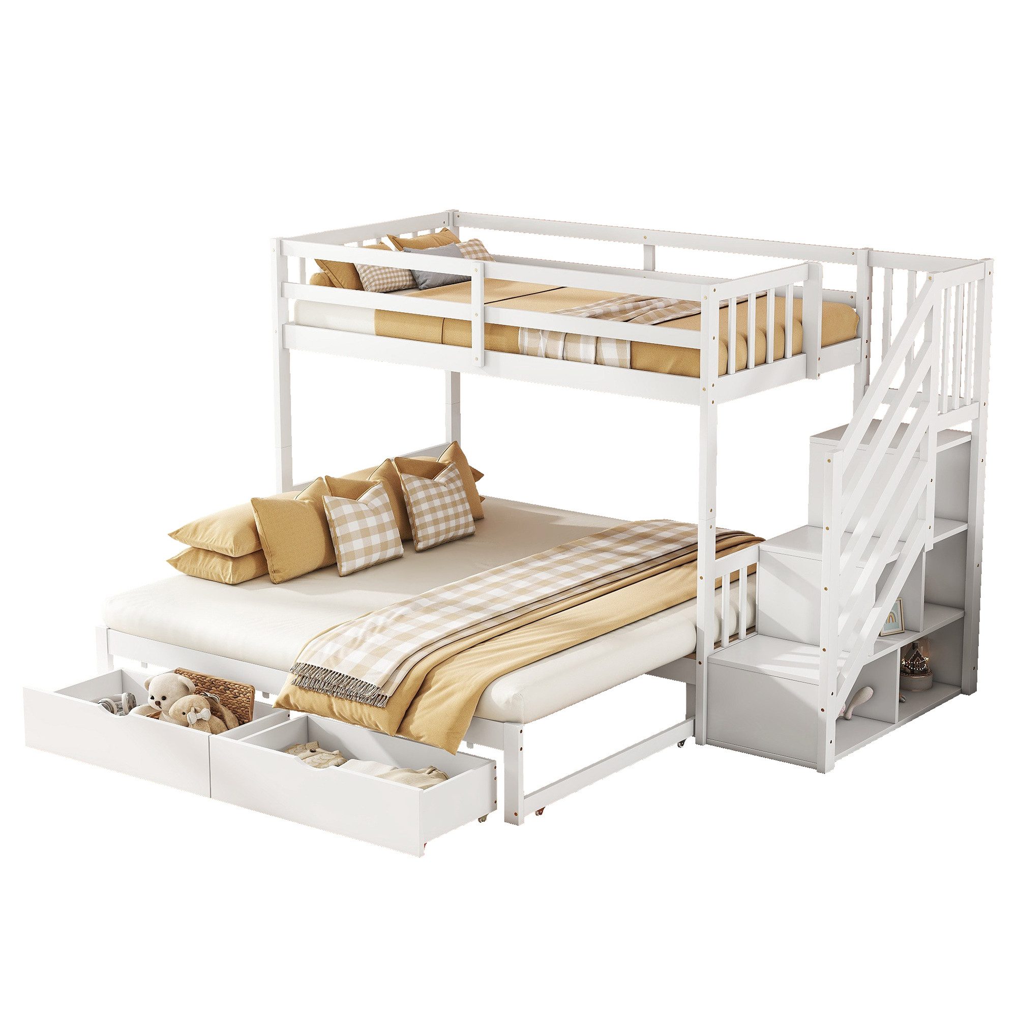 Odikalo Etagenbett Jugendbett Ausziehbett SchritteSchubladen Weiß90x200cm(ohne Matratze)