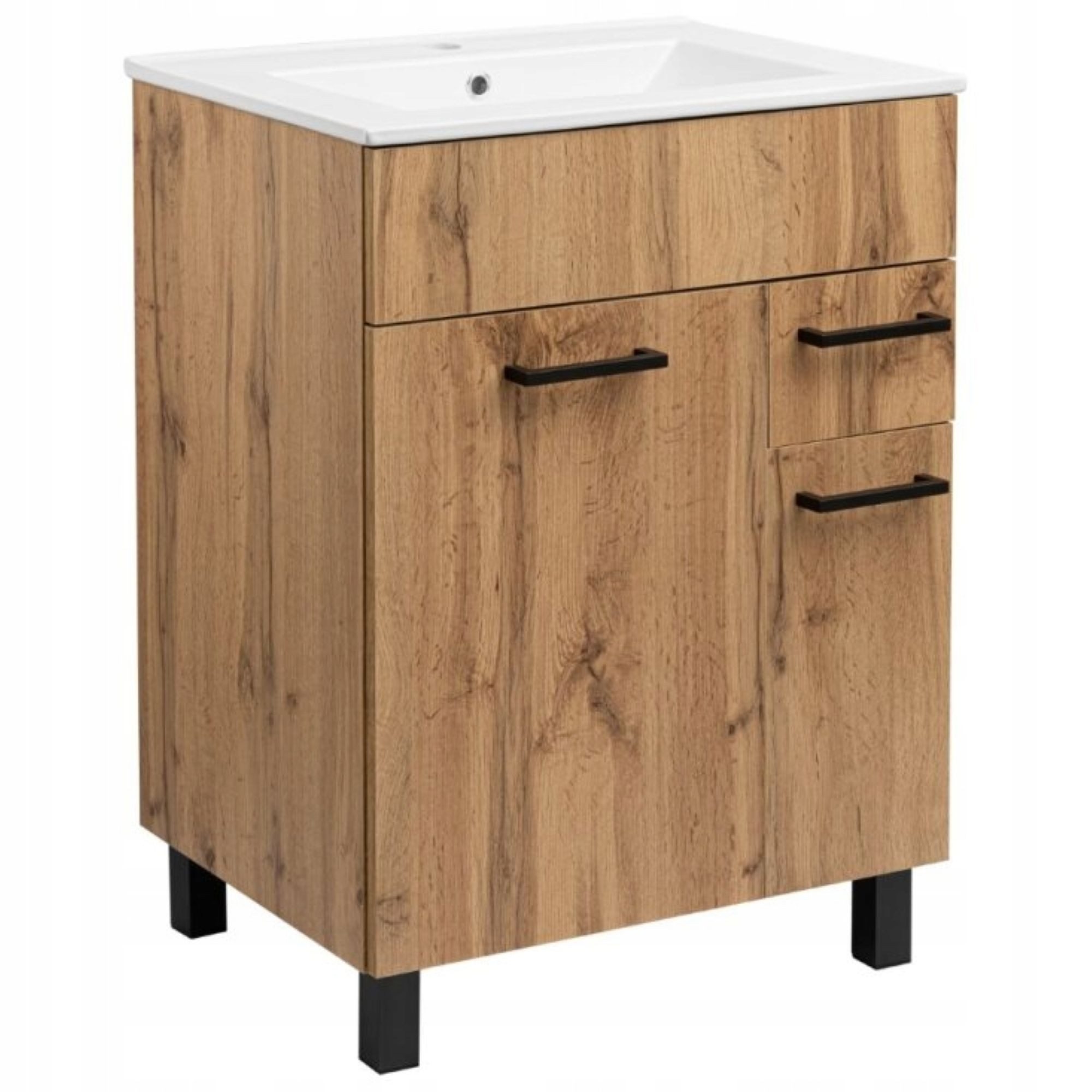 STAMAR Waschbeckenunterschrank Badmöbel Set 60cm Eiche Wotan Unterschrank mit Keramikwaschbecken Schrank mit oder ohne Armatur Siphon 2 Türen Schublade Schwarz Griffe