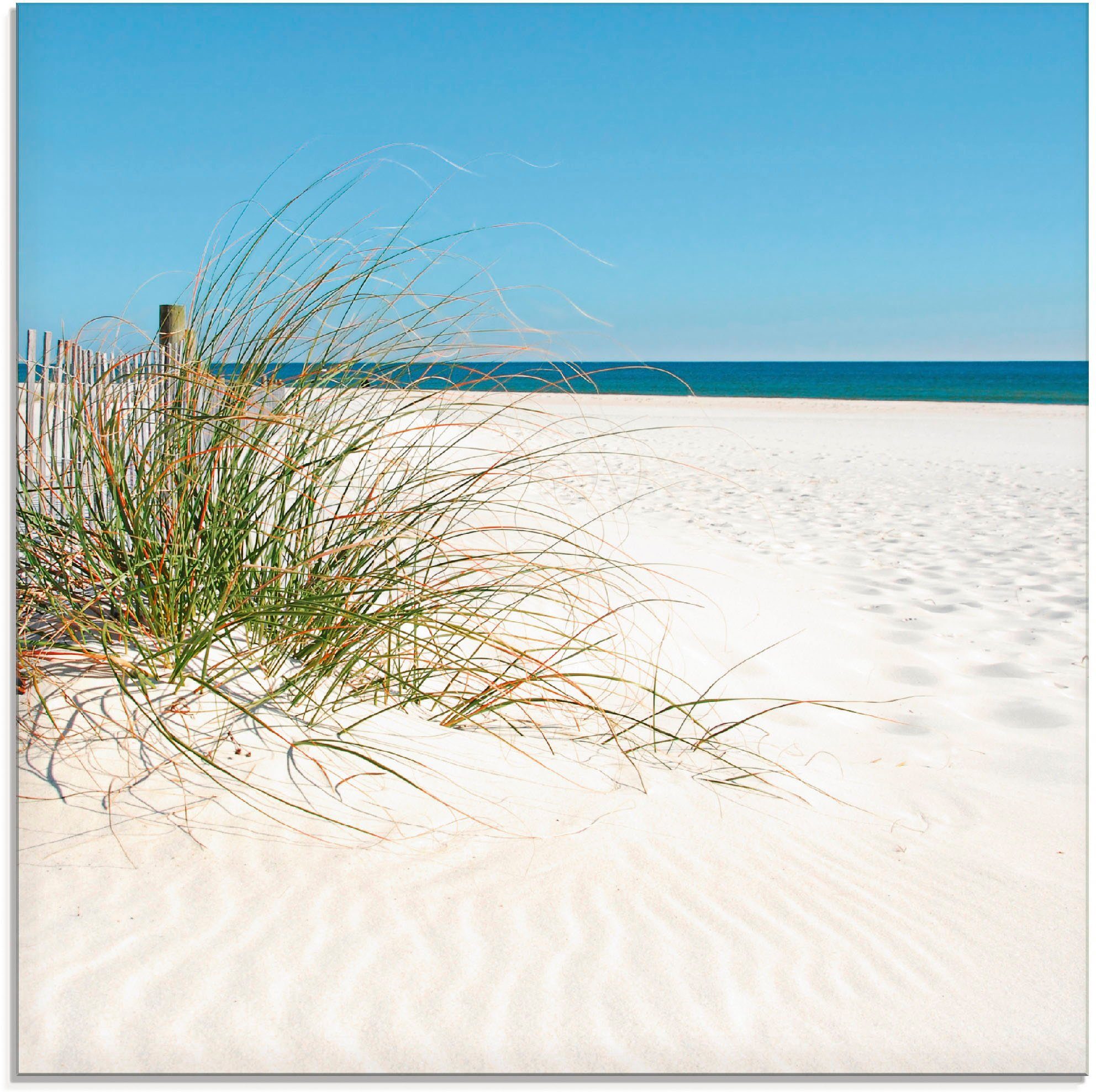 Artland Glasbild Schöne Sanddüne Gräsern mit in St), (1 verschiedenen und Zaun, Größen Strand