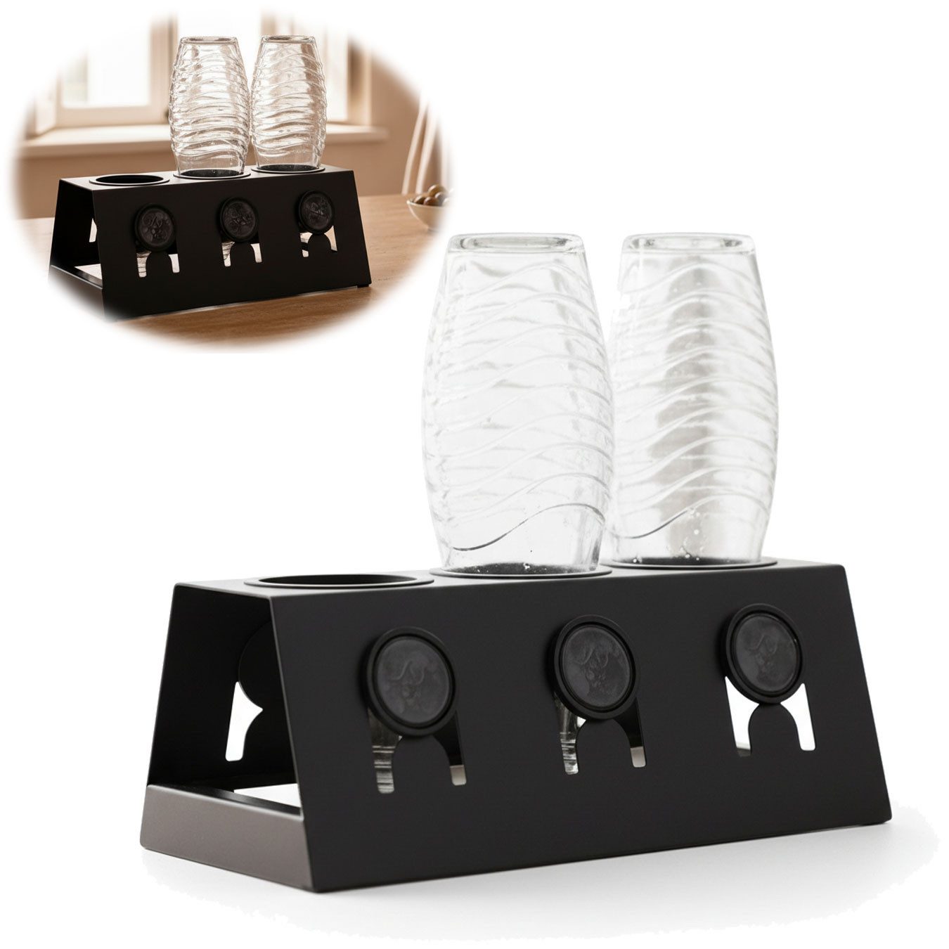 LS-LebenStil Flaschenhalter Metall Flaschenständer Schwarz passend für 3 Sodastream Flaschen, (Schwarz Mattiert - mit Abtropfschale - ausziehbar - Abtropfständer, 1-St., Abtropfgestell für Emil Flaschen Crystal Flaschen)
