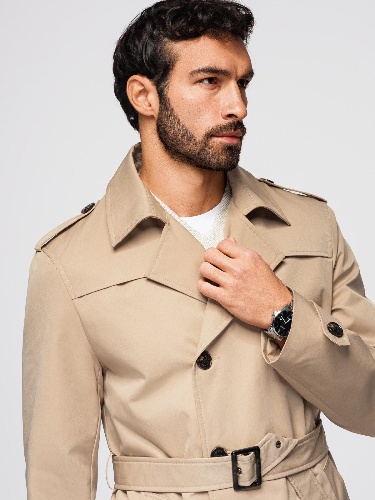 OMBRE Trenchcoat Herren Trenchcoat Slim Fit mit Gürtel Elegant Beige XXL (kein Set, 1-tlg) Regulierbarer Taillengürtel mit Schnalle, Schulterklappen