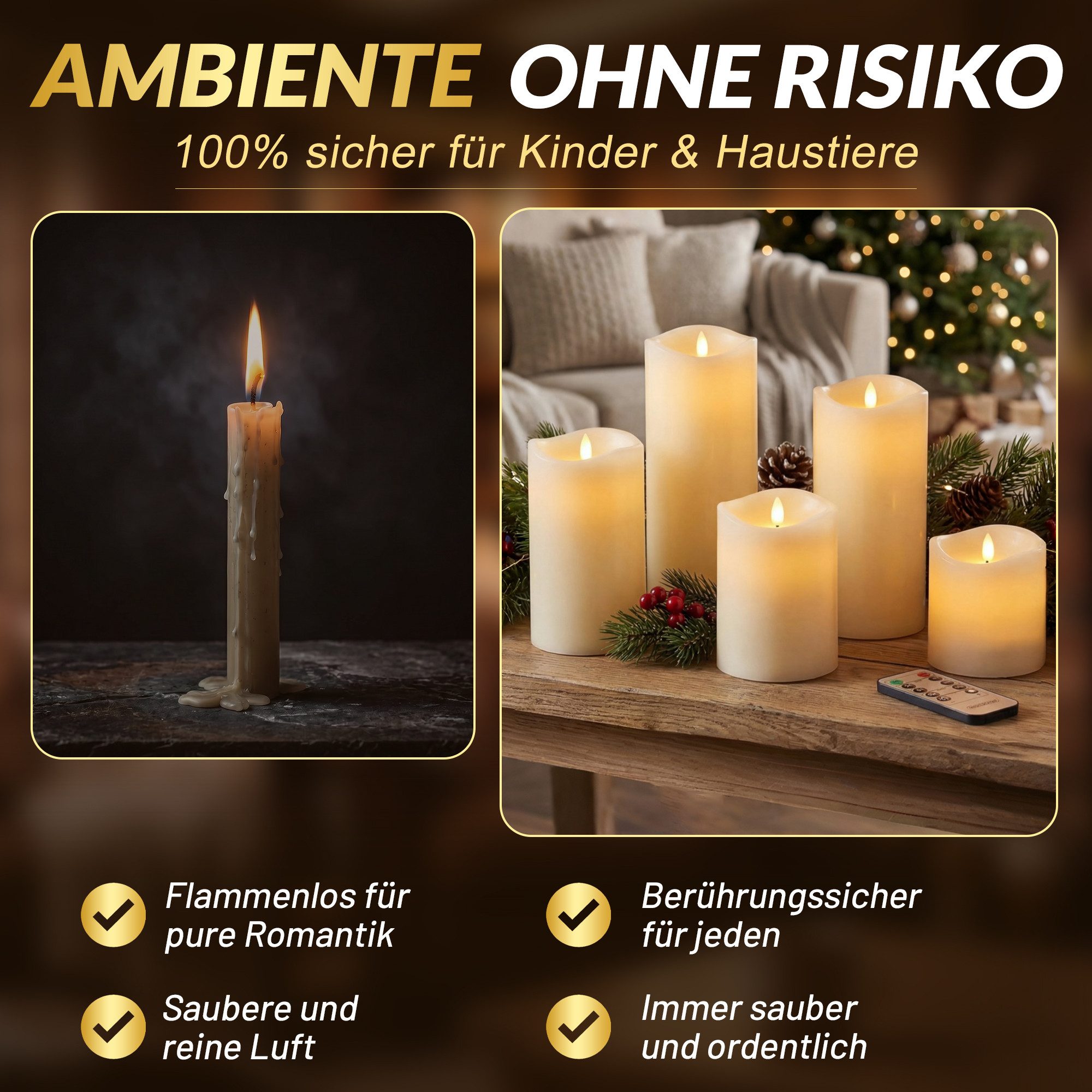 Deuba LED-Kerze, mit Timer flackernd Echtwachs Dimmfunktion Warmweiß 1xSet je 5 Größen, LED-Teelicht