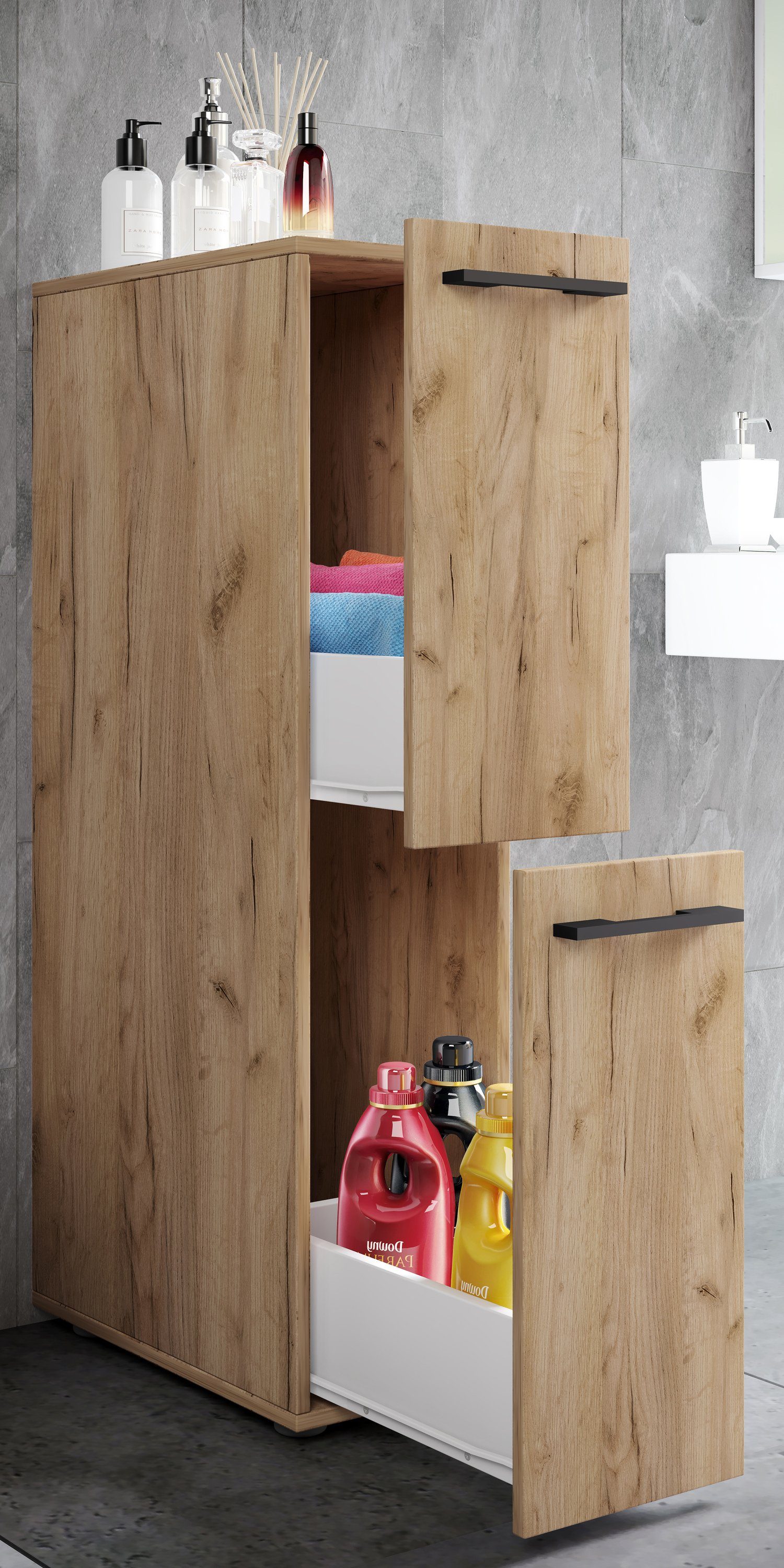 VCM Midischrank Badschrank Sadilo H. 110 x B. 25 x T. 50 cm Holz Badezimmerschrank, Badmöbel, Raumteiler mit zwei Schubladen