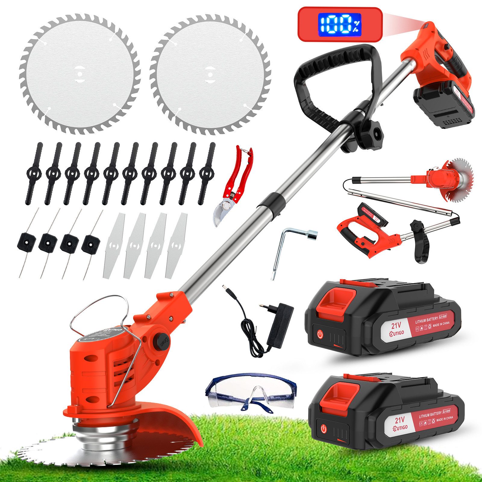 OUTIGO Akku-Rasentrimmer Akku Rasentrimmer, 2 Akkus und 4 Messertypen, (Set), Akku Rasentrimmer Akkurasenmäher