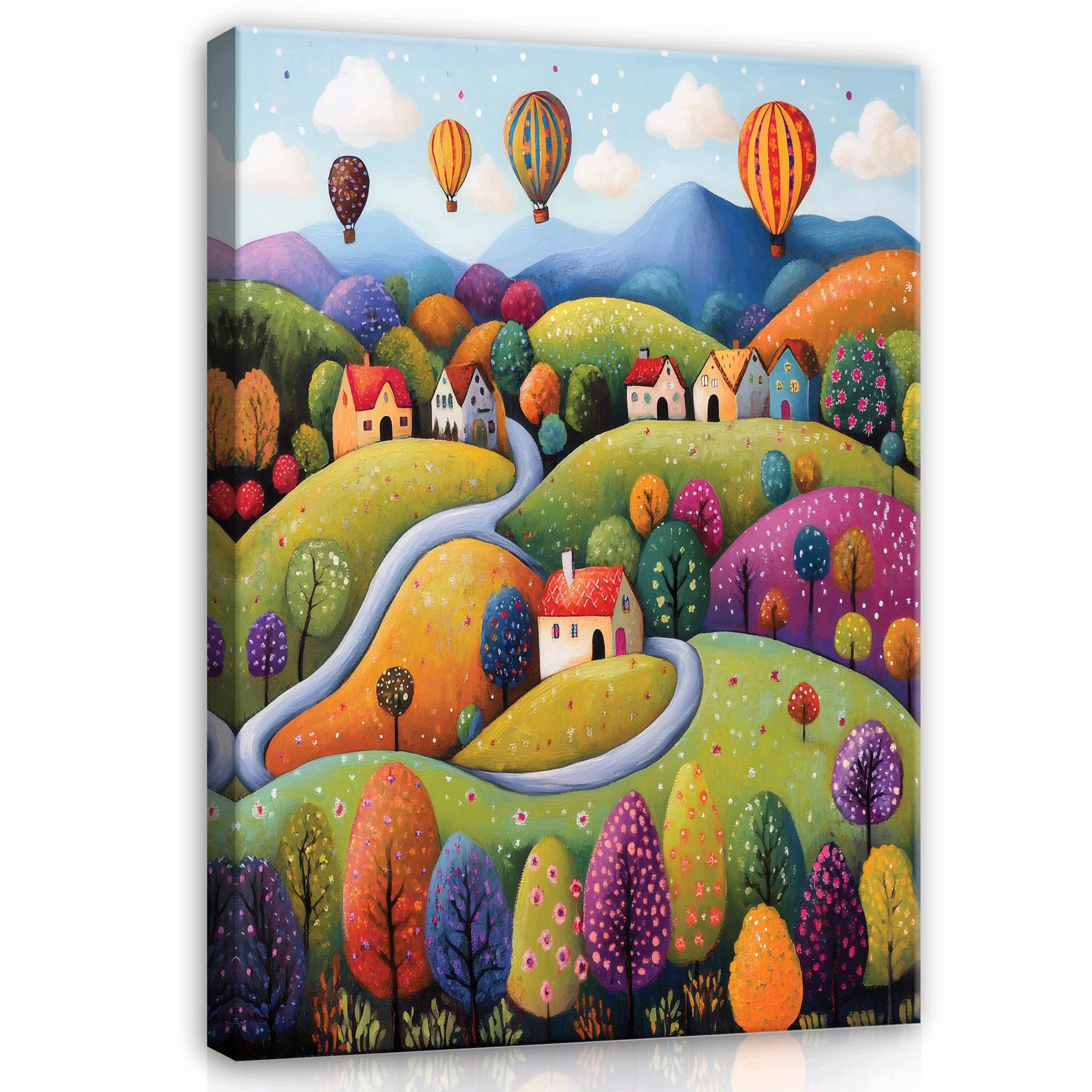 Wallarena Leinwandbild Märchenlandschaft Häuser Berge Bunt Kinderzimmer bilder Wandbild, Häuser, Hügel, Heißluftballons (Leinwandbild, 1 St), Leinwand Bilder Wohnzimmer Schlafzimmer Wandbild Wanddeko 40x60 cm