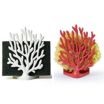 Qualy Design Schwammhalter Coral Koralle, (ca. 11 x 8 x 4,5 cm, 3-tlg., Halter, inkl. 2 Saugknöpfe), Kunststoff, hergestellt aus 3 recycelten 420 ml PET-Flaschen