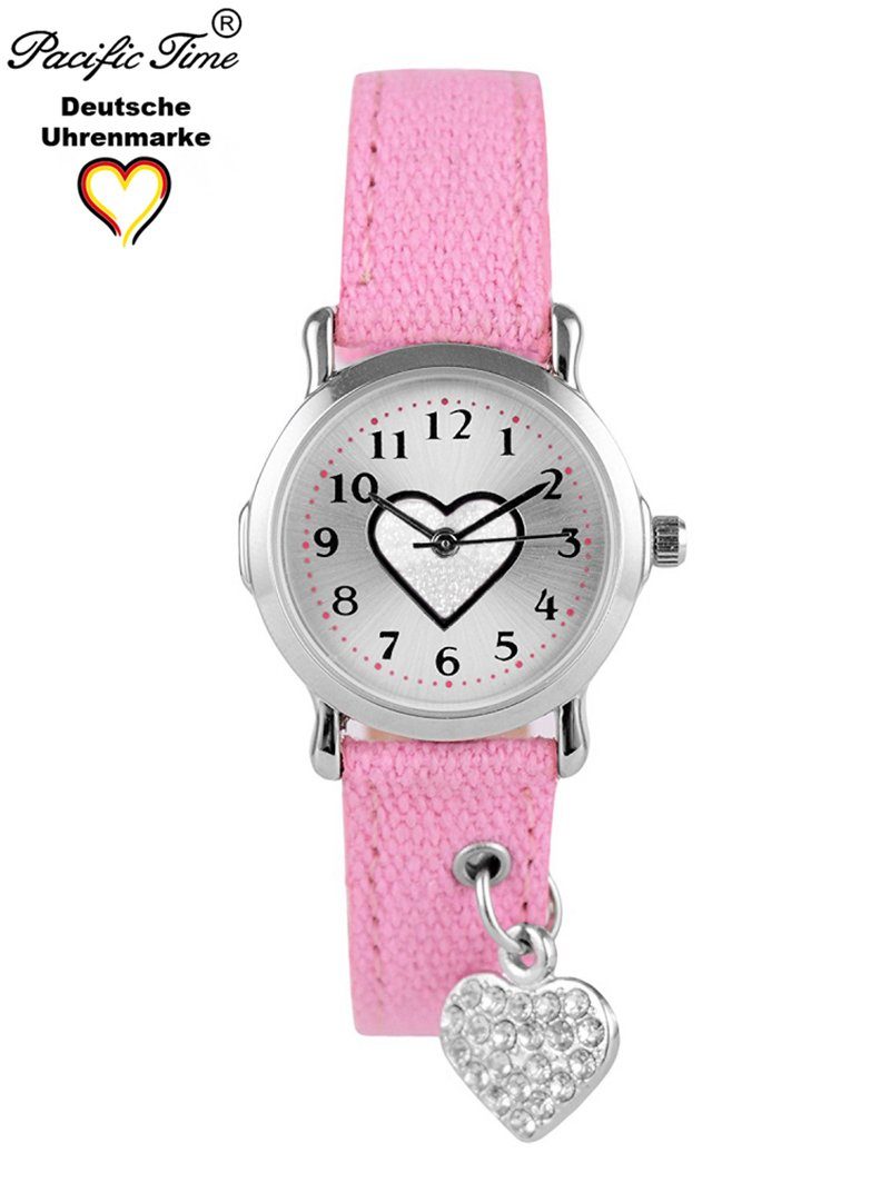 Pacific Time weiss Gratis rosa Herzchen mit Armband - funkelndes Versand am Herzanhänger Stoffarmband, Armbanduhr Kinder Quarzuhr