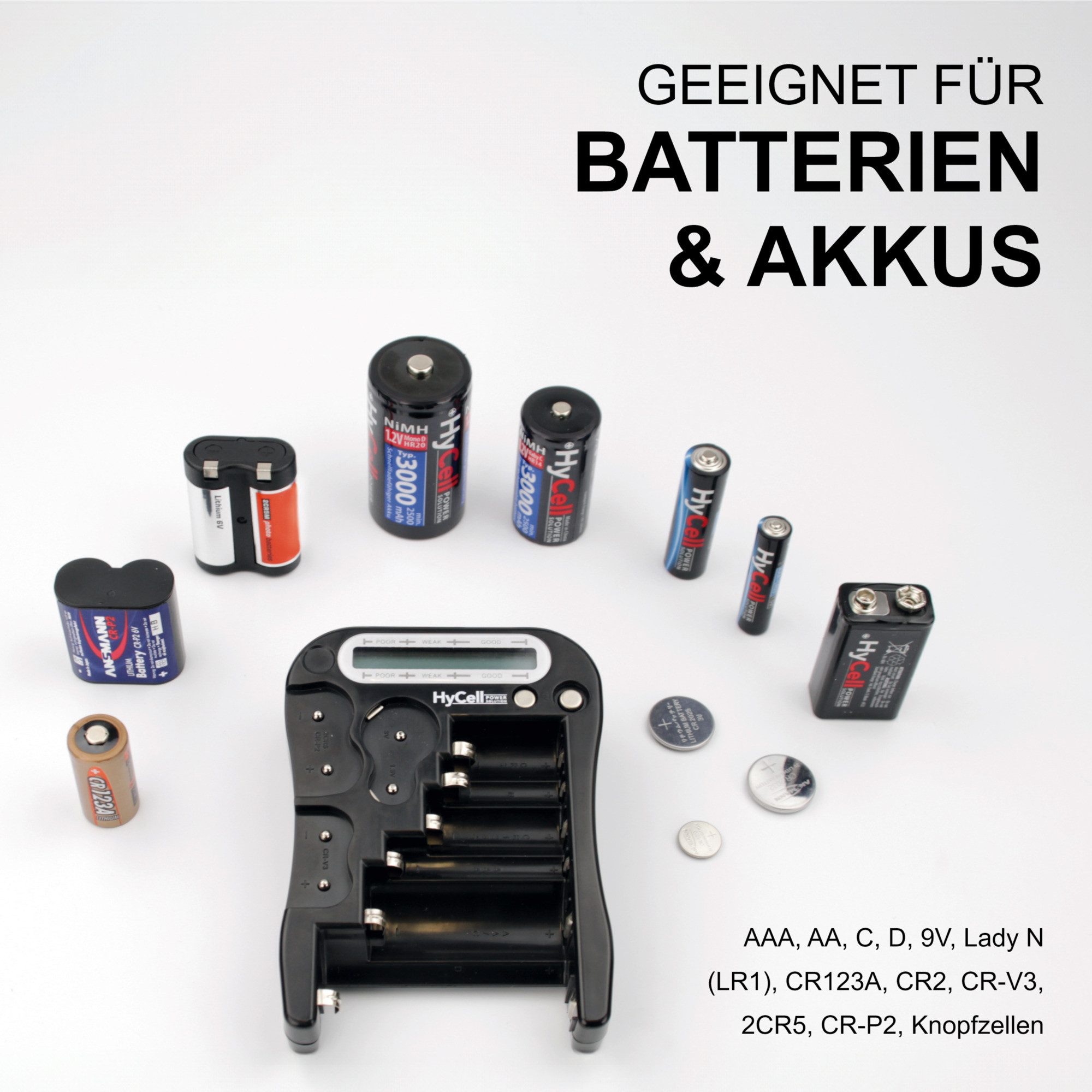HyCell Digital Batterietester - zur Batterie-, Akku-, Knopfzellen Anzeige Akku