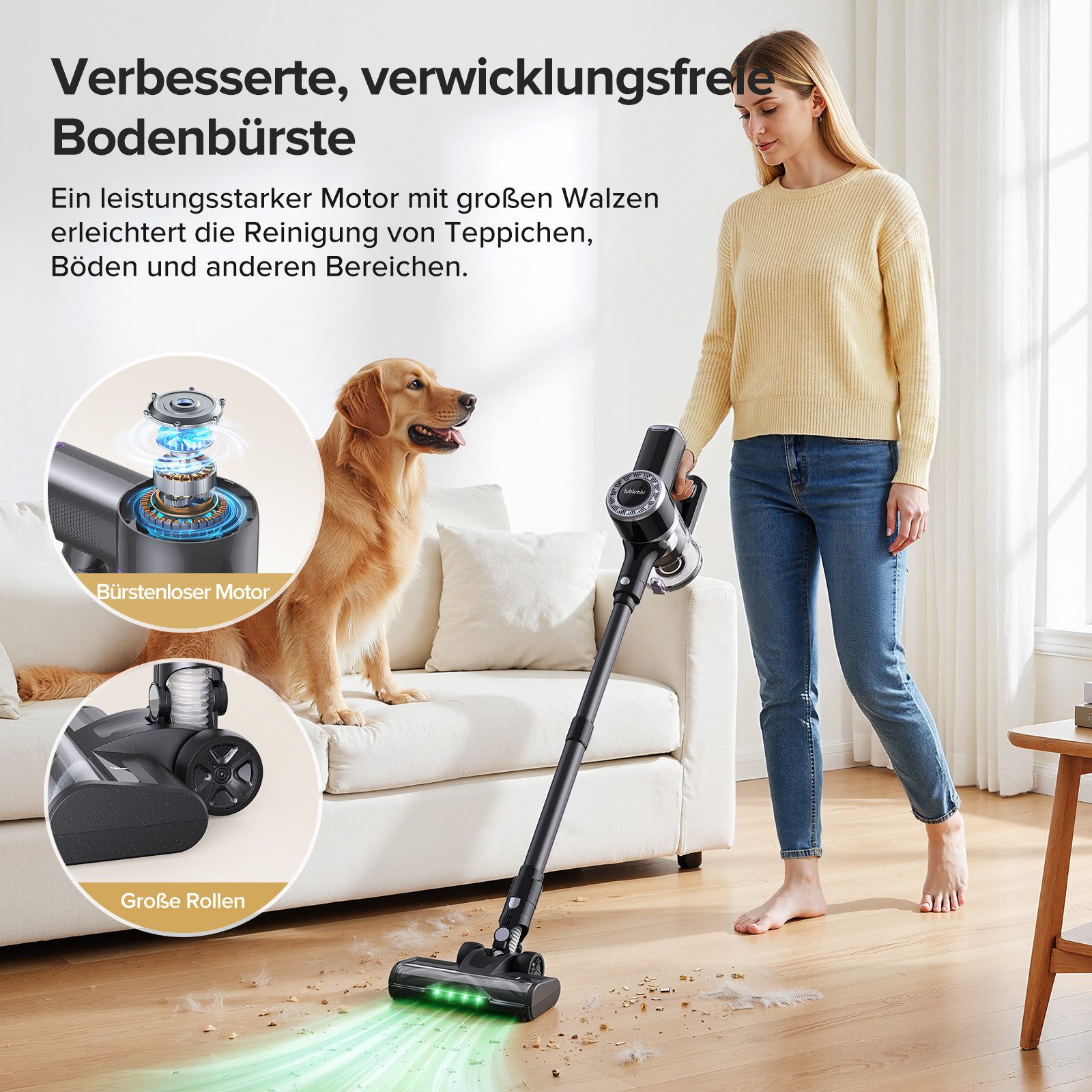 lubluelu Akku-Hand-und Stielstaubsauger P2 kabellos 6in1 Akkustaubsauger mit Geen LED 40KPA, 150 W, beutellos, 40000 Pa / V-förmige, große Anti-Verhedderungsbürste