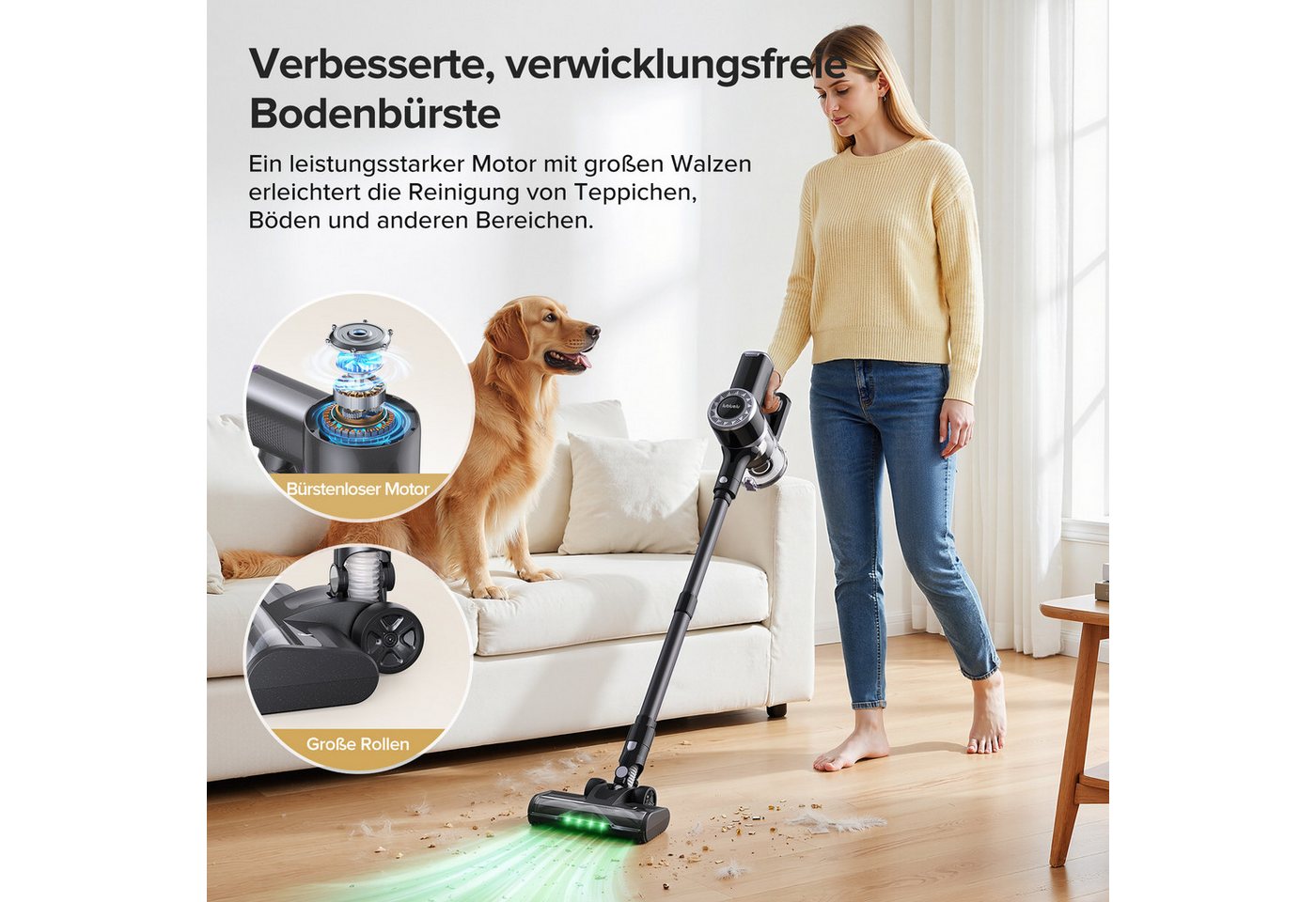 lubluelu Akku-Hand-und Stielstaubsauger P2 kabellos 6in1 Akkustaubsauger mit Geen LED 40KPA, 150 W, beutellos, 40000 Pa / V-förmige, große Anti-Verhedderungsbürste