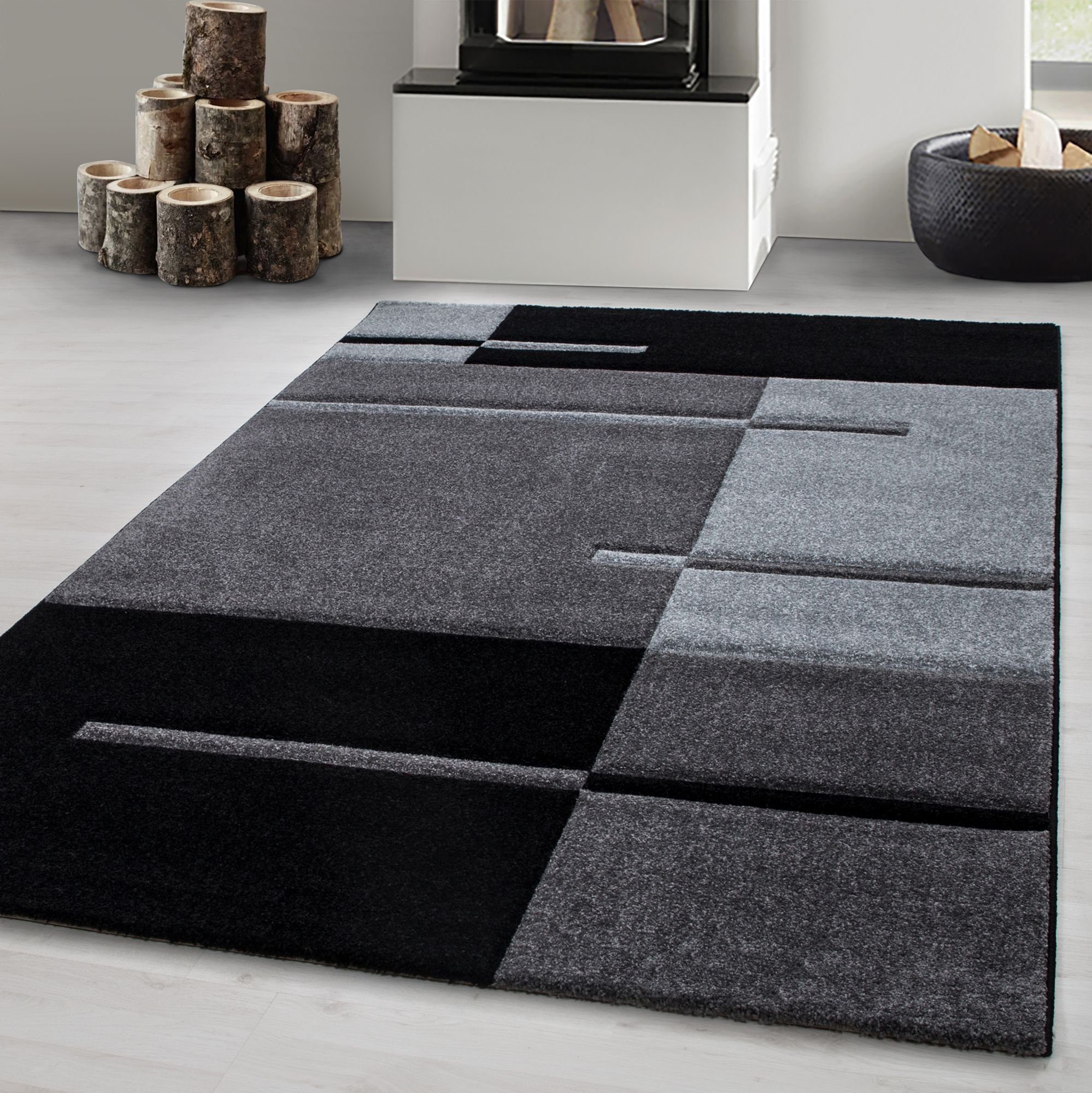 Frisé-Teppich Kariert Design, Carpetsale24, Rechteckig, Höhe: 13 mm, Designer Wohnzimmer Teppich Kurzflor handgearbeiteter Konturenschnitt