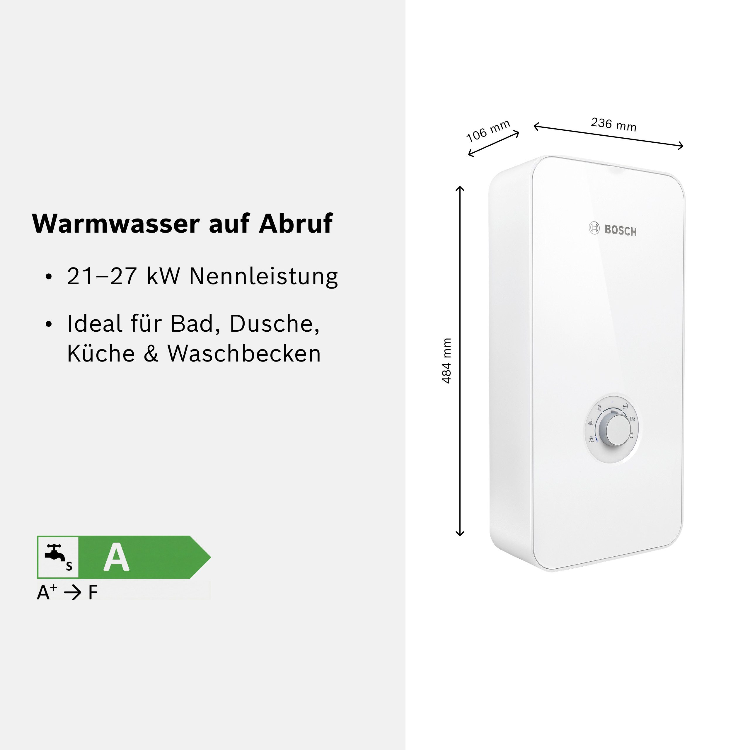 BOSCH Durchlauferhitzer Tronic Comfort, Plus, Umschaltbar, druckfest, stufenlose Temperaturwahl, moderne Glas-Optik