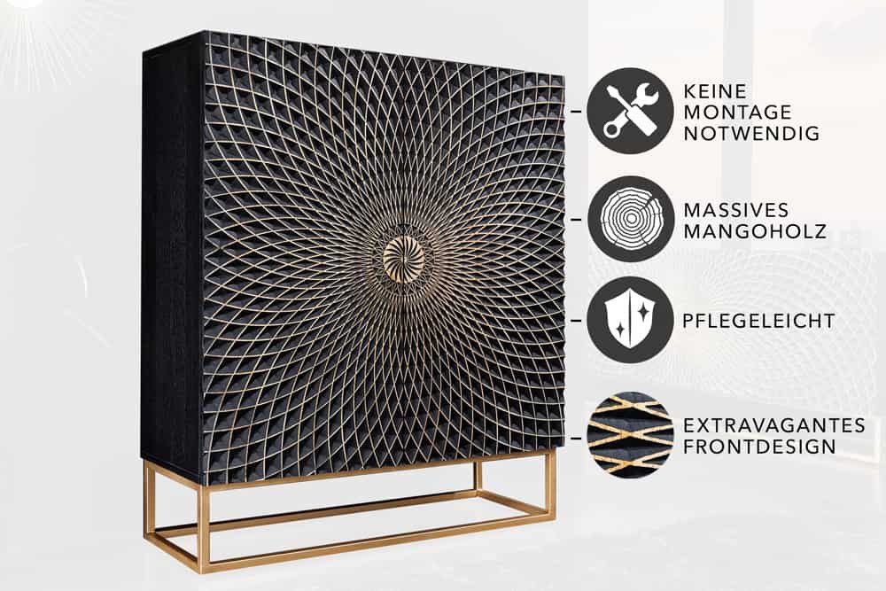 riess-ambiente Highboard ILLUSION 120cm schwarz / gold (Einzelartikel, 1 St), Mango-Massivholz · Metall · 3D Schnitzereien · Wohnzimmer · Design