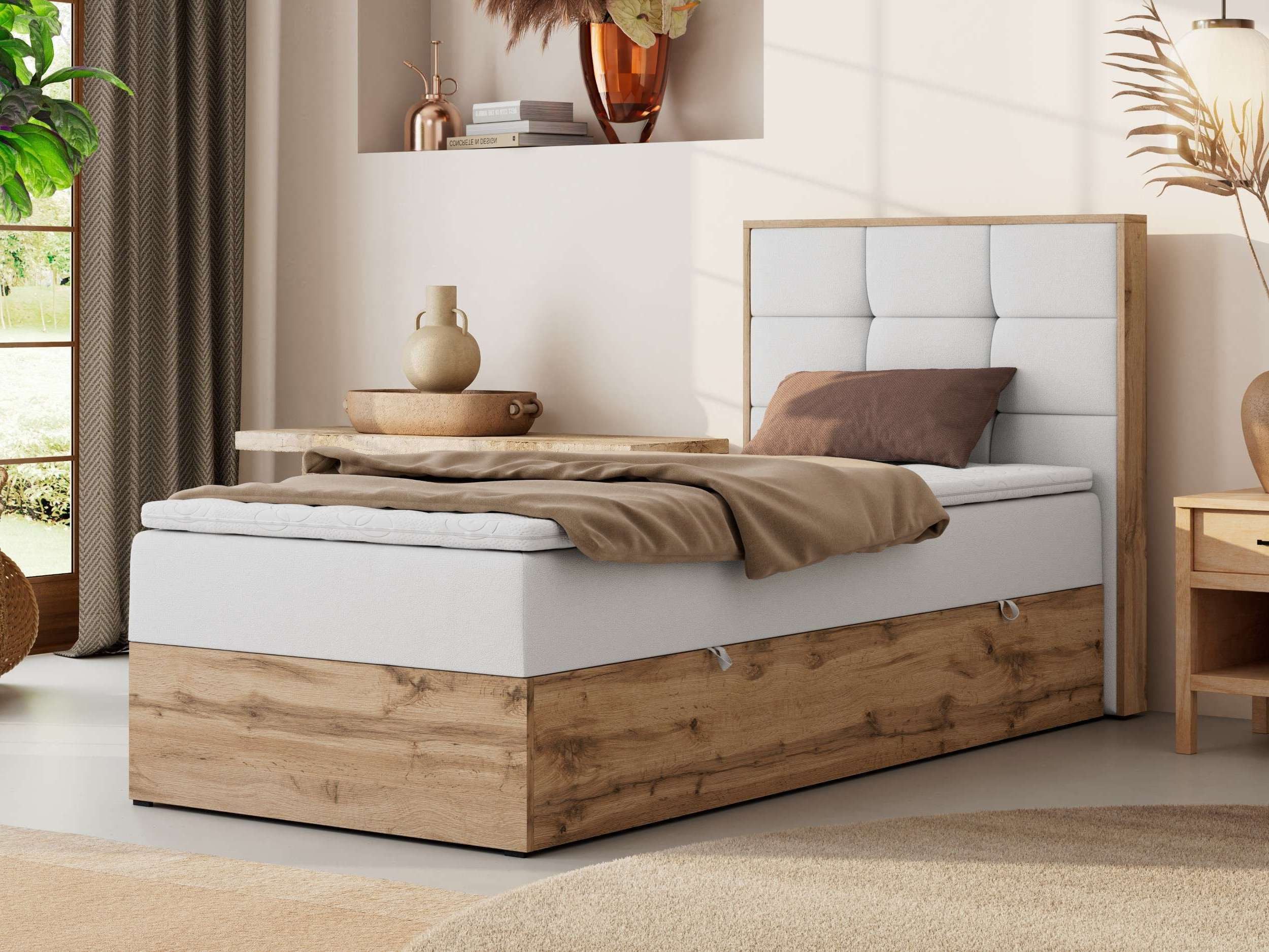 MKS MÖBEL Boxspringbett ALBERO 1 90x200 cm (Set, Packung, Topper T25/Visco, Stauraum, Matratzen, Bettkasten, T30-Schaum), Einzelbett, Multipocket-Matratzen, Möbelplatten, Praktisch
