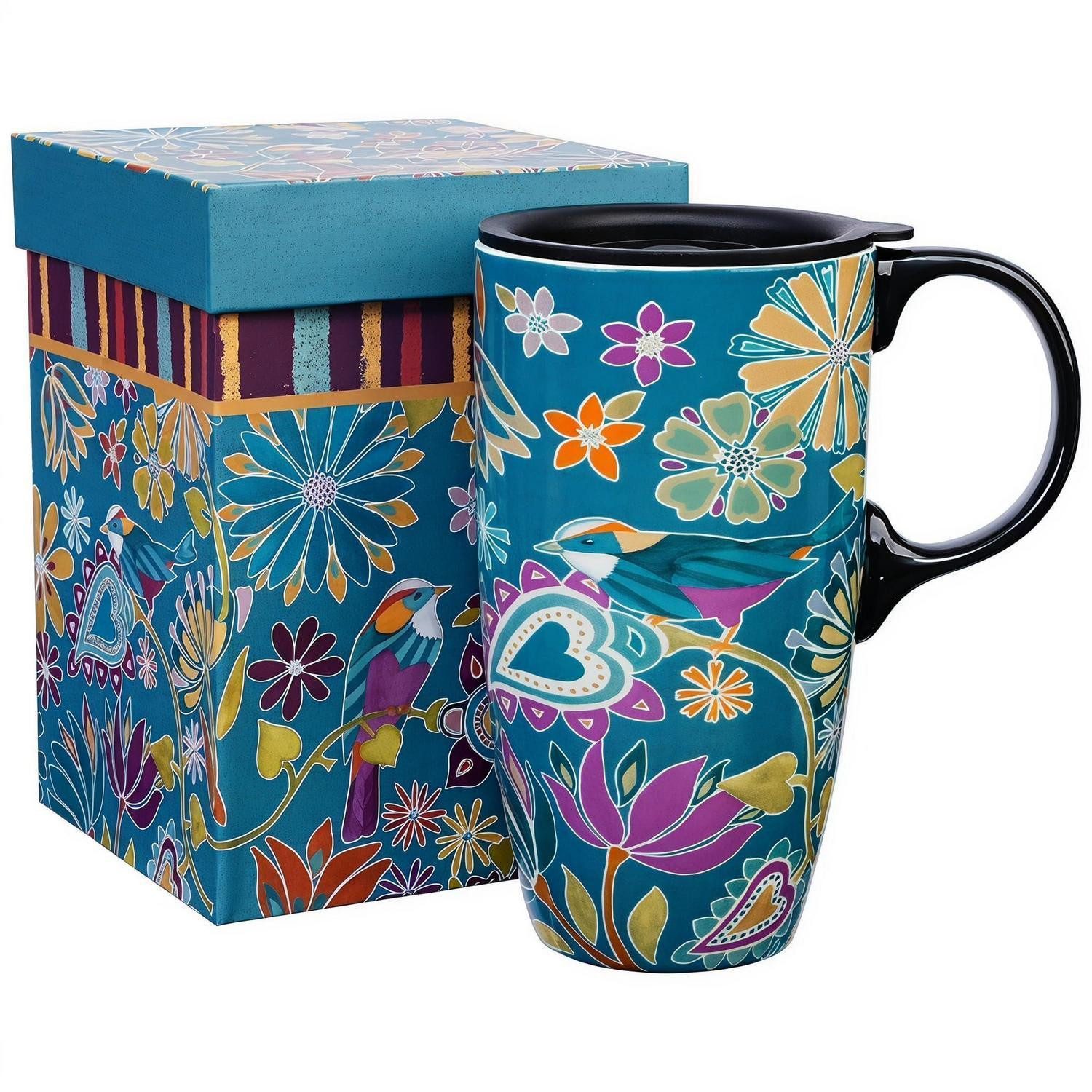 LuxusKollektion Tasse Kaffeetasse Keramik 500ml Blaugrün Floral, Keramik