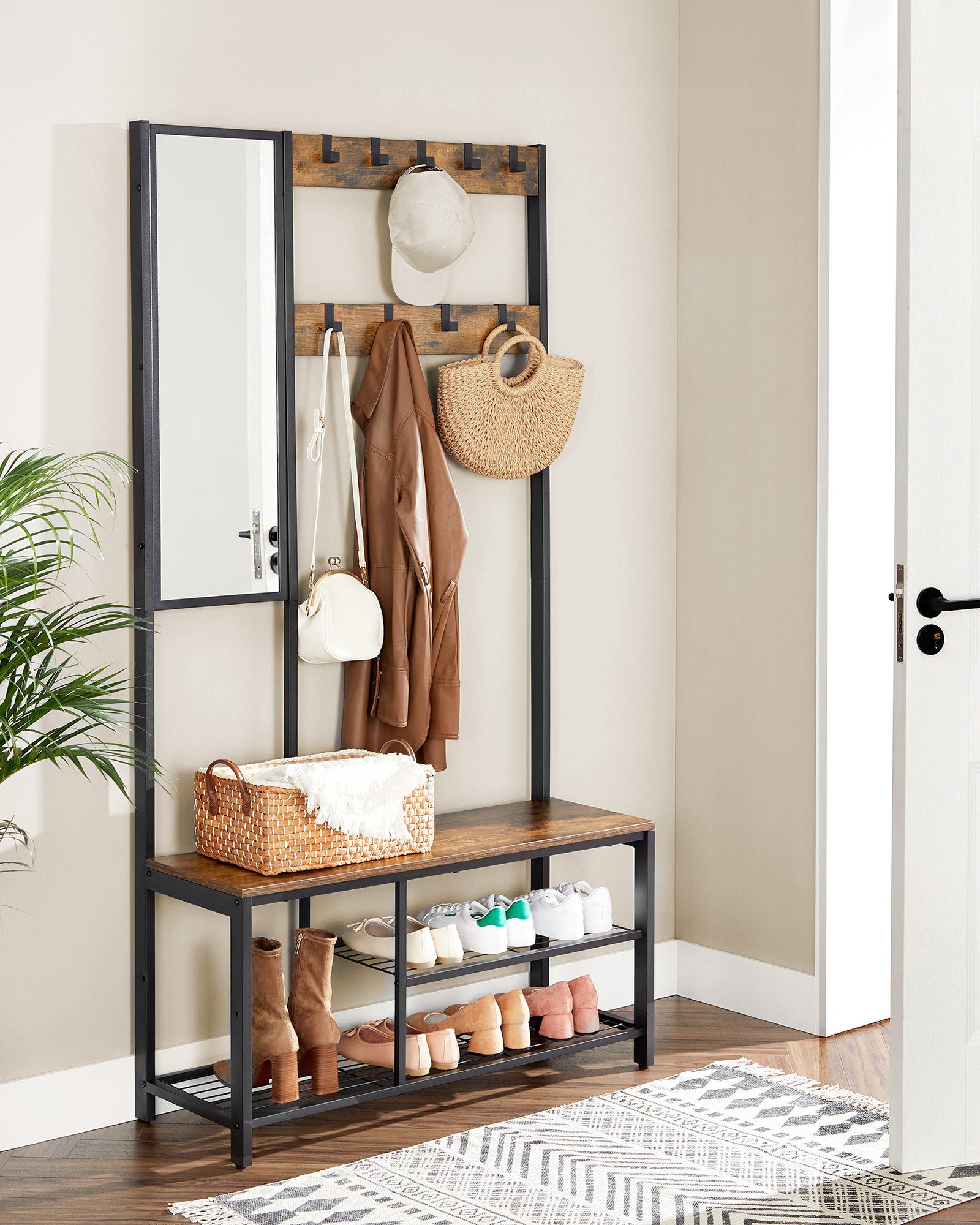 VASAGLE Garderobenständer Garderobe mit Haken, Kleiderständer mit Spiegel, Schuhbank und Ablagen, 36 x 98 x 185 cm, für Flur, Schlafzimmer, Wohnzimmer – Bild 3 von 5