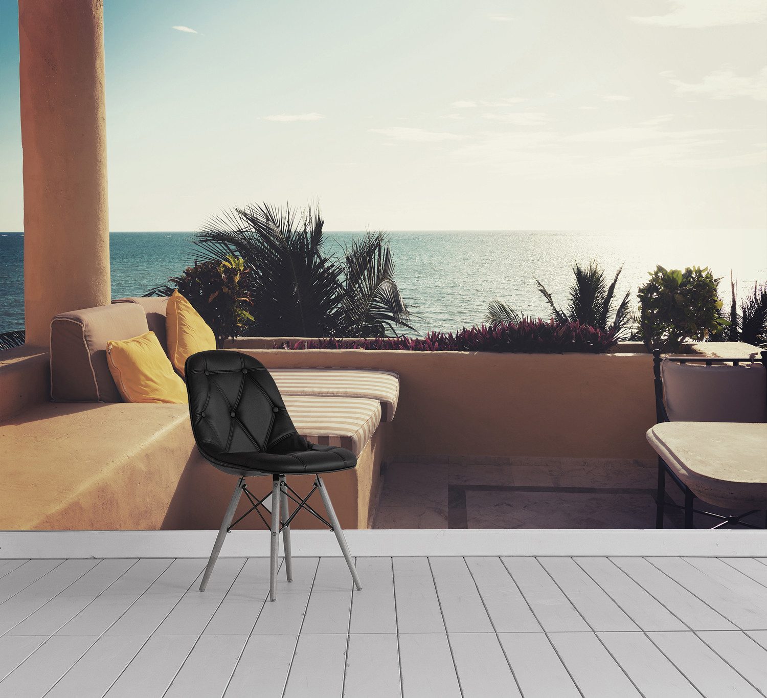 queence Fototapete Terrasse am Meer, glatt, Meer, Motiv, bedruckt, mehrfarbig, realistisch, (4 St), Wandpaneele, selbstklebend, Tapete, Sticker, Wanddeko, XXL-Fotomotiv