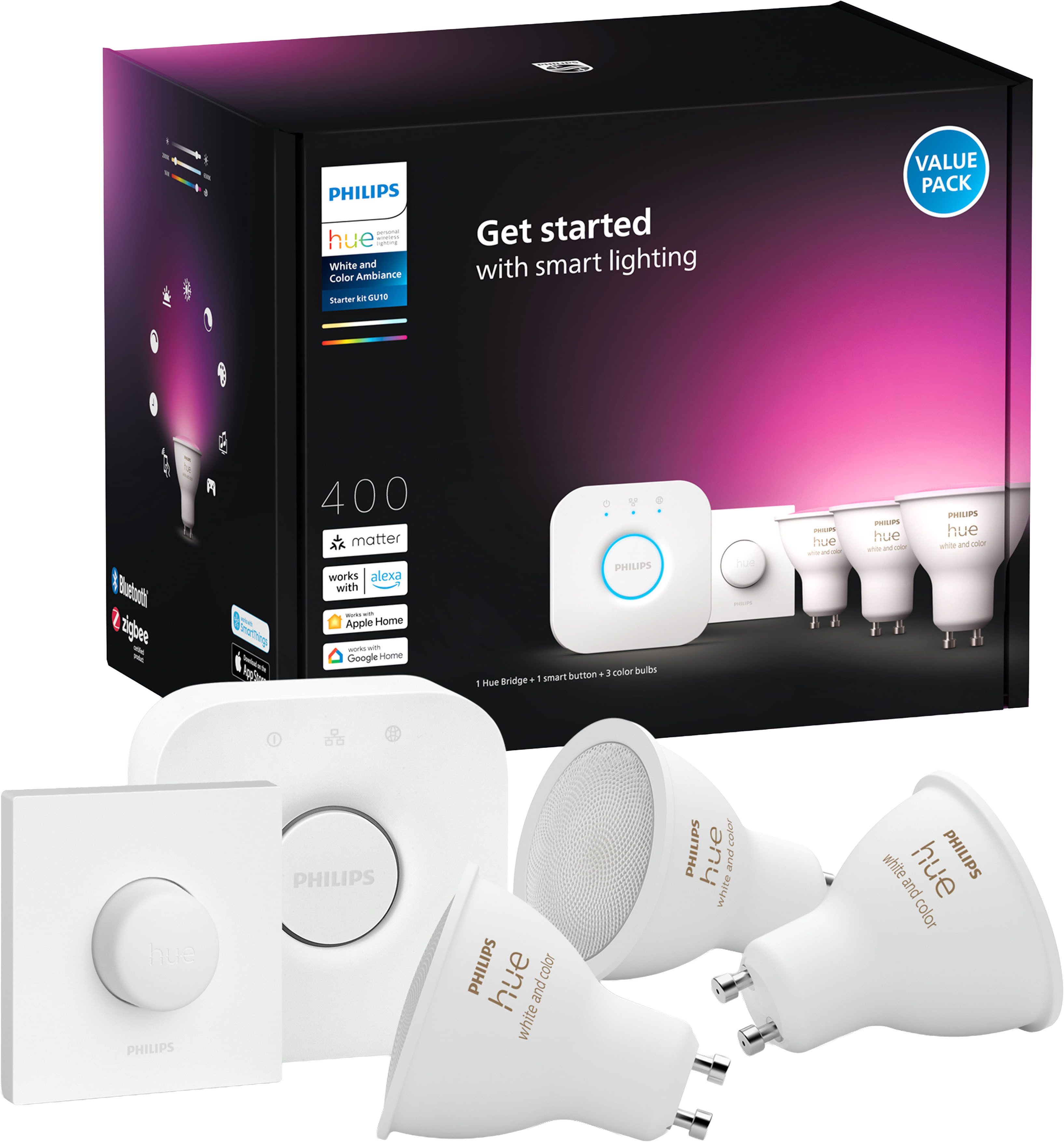 Philips Hue LED-Leuchtmittel Starter Kit White and Color Ambiance 3x400lm, GU10, 5 St., Farbwechsler, inkl. Dimmschalter & Hue Bridge
