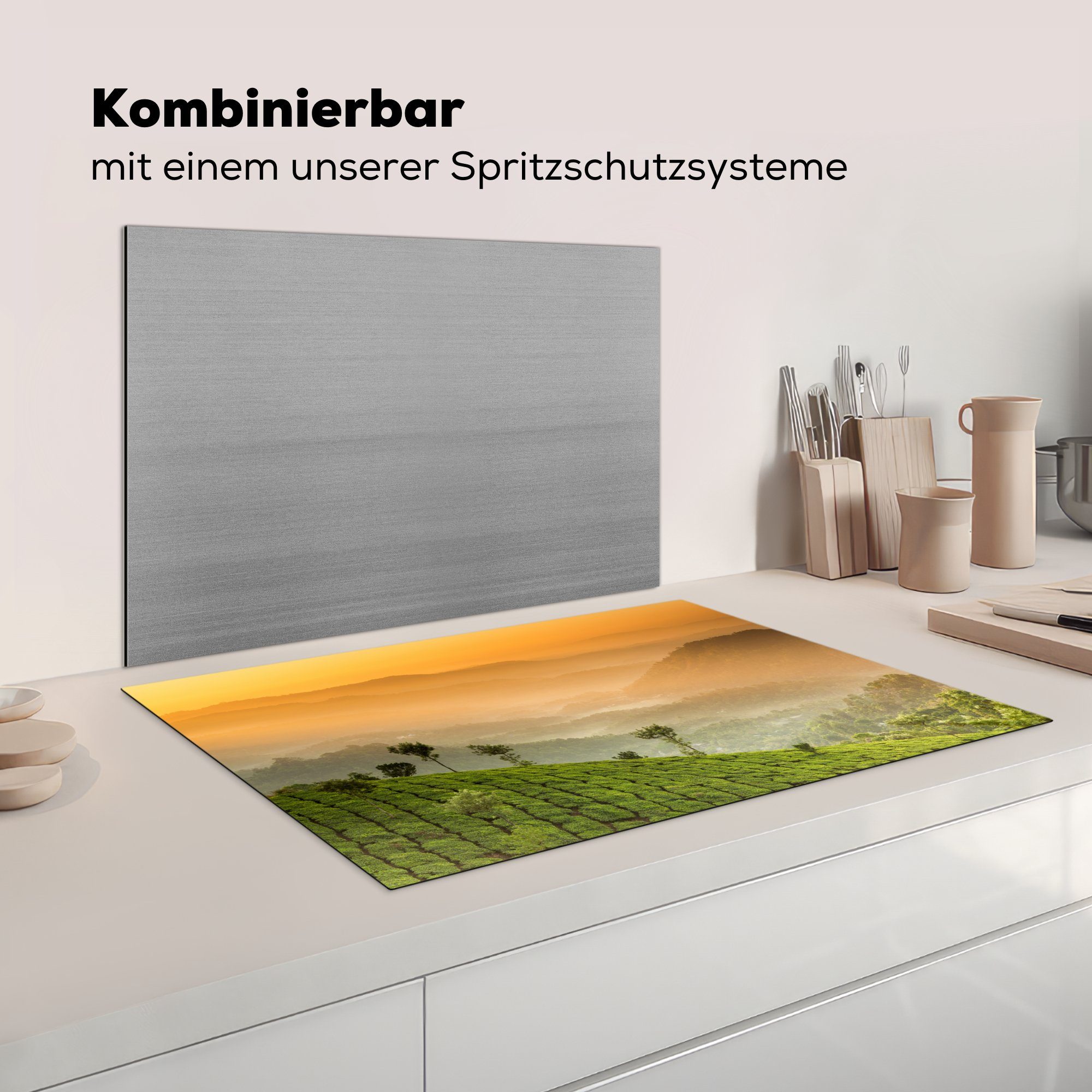 tlg), den Herdblende-/Abdeckplatte Sonnenuntergang 81x52 Ceranfeldabdeckung für Vinyl, Teeplantagen, küche, MuchoWow die Schutz über (1 Induktionskochfeld cm,