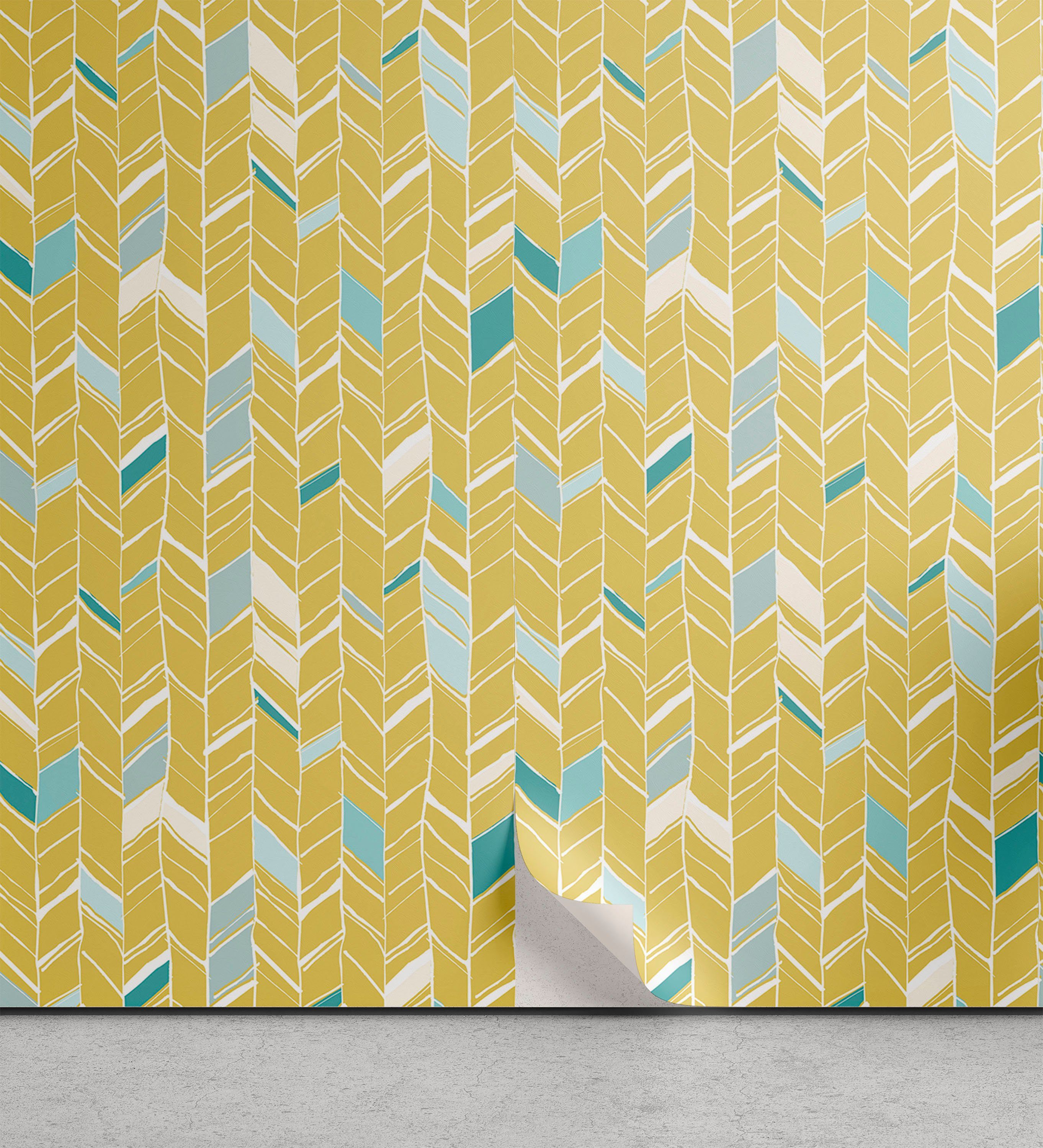 Abakuhaus Vinyltapete selbstklebendes Wohnzimmer Küchenakzent, Yellow Chevron Herringbone Kunst