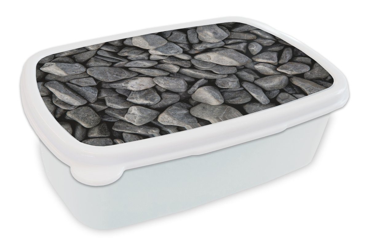 MuchoWow Lunchbox Steine - Grau - Kies, Kunststoff, (2-tlg), Brotbox für Kinder und Erwachsene, Brotdose, für Jungs und Mädchen weiß