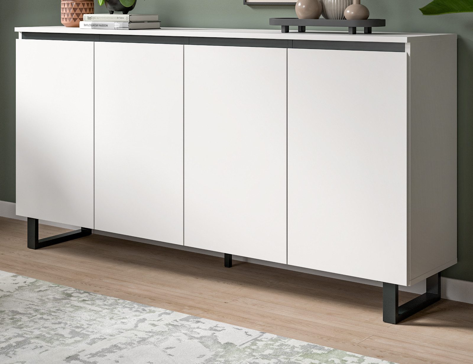 Inn.Furn Sideboard Gelia (Kommode in Weiß mit schwarzen Absetzungen, 4-türig, 160 x 84 cm), 8 Fächer, Soft-Close-Funktion