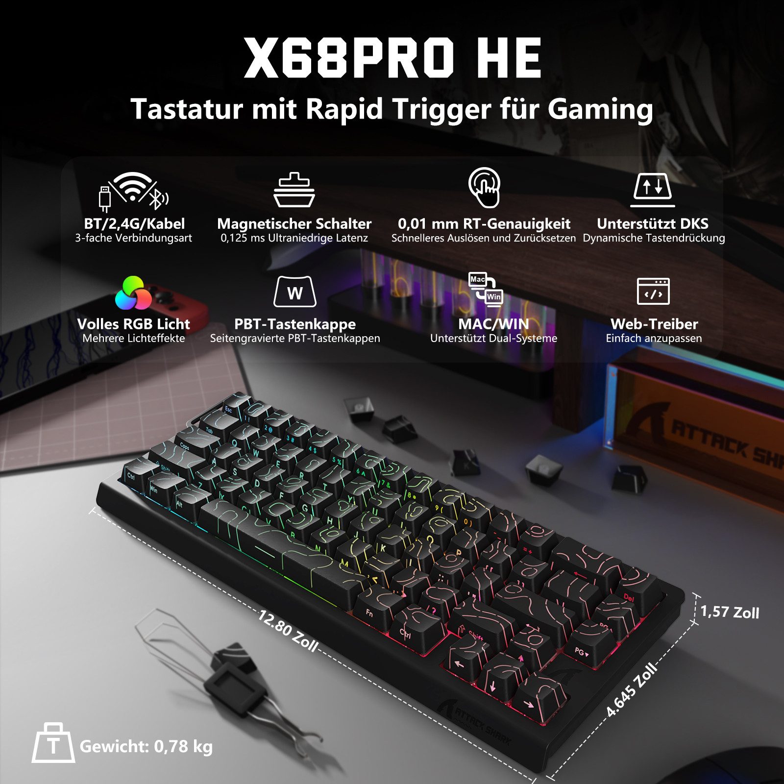 ATTACK SHARK X68PRO HE 8KHz Rapid Trigger Wireless Gaming-Tastatur,0,01mm RT Gaming-Tastatur (Hall-Effekt-Magnetschalter,BT/2.4G/Kabel,RGB)