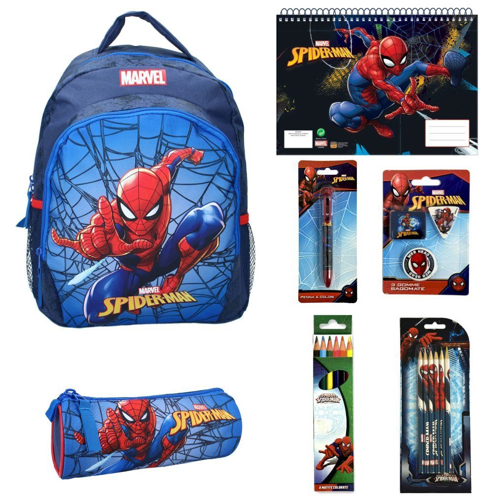 MARVEL Schulrucksack Marvel Spiderman 7 teiliges Schulset Kinder Rucksack,  Federmäppchen, A4 Block, Buntstiffte, Kugelschreiber, Radiergumi