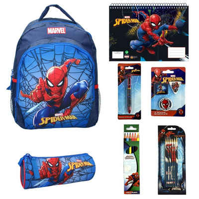 MARVEL Schulrucksack Marvel Spiderman 7 teiliges Schulset Kinder Rucksack (7-tlg), Federmäppchen, A4 Block, Buntstiffte, Kugelschreiber, Radiergumi