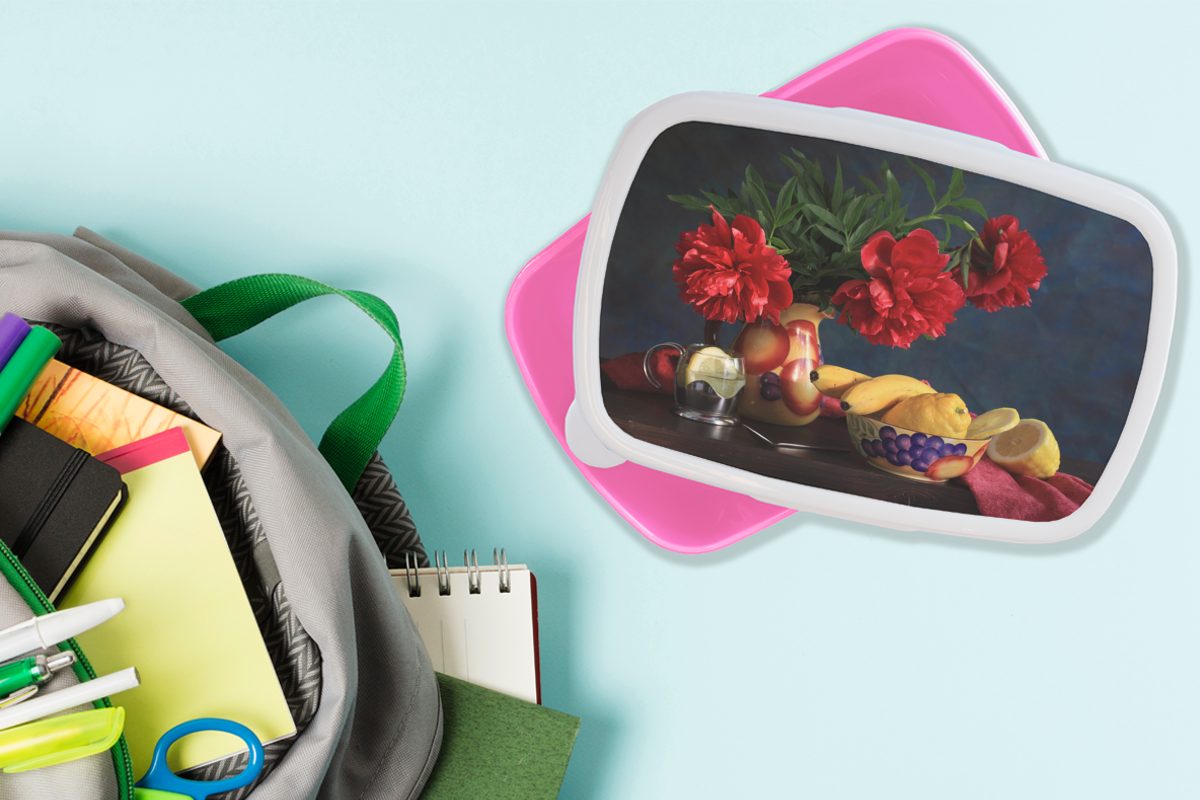 Brotbox Lunchbox MuchoWow Pfingstrosen, Kinder, für Erwachsene, rosa Kunststoff, Stillleben (2-tlg), mit Brotdose roten Mädchen, Ein Snackbox, Kunststoff