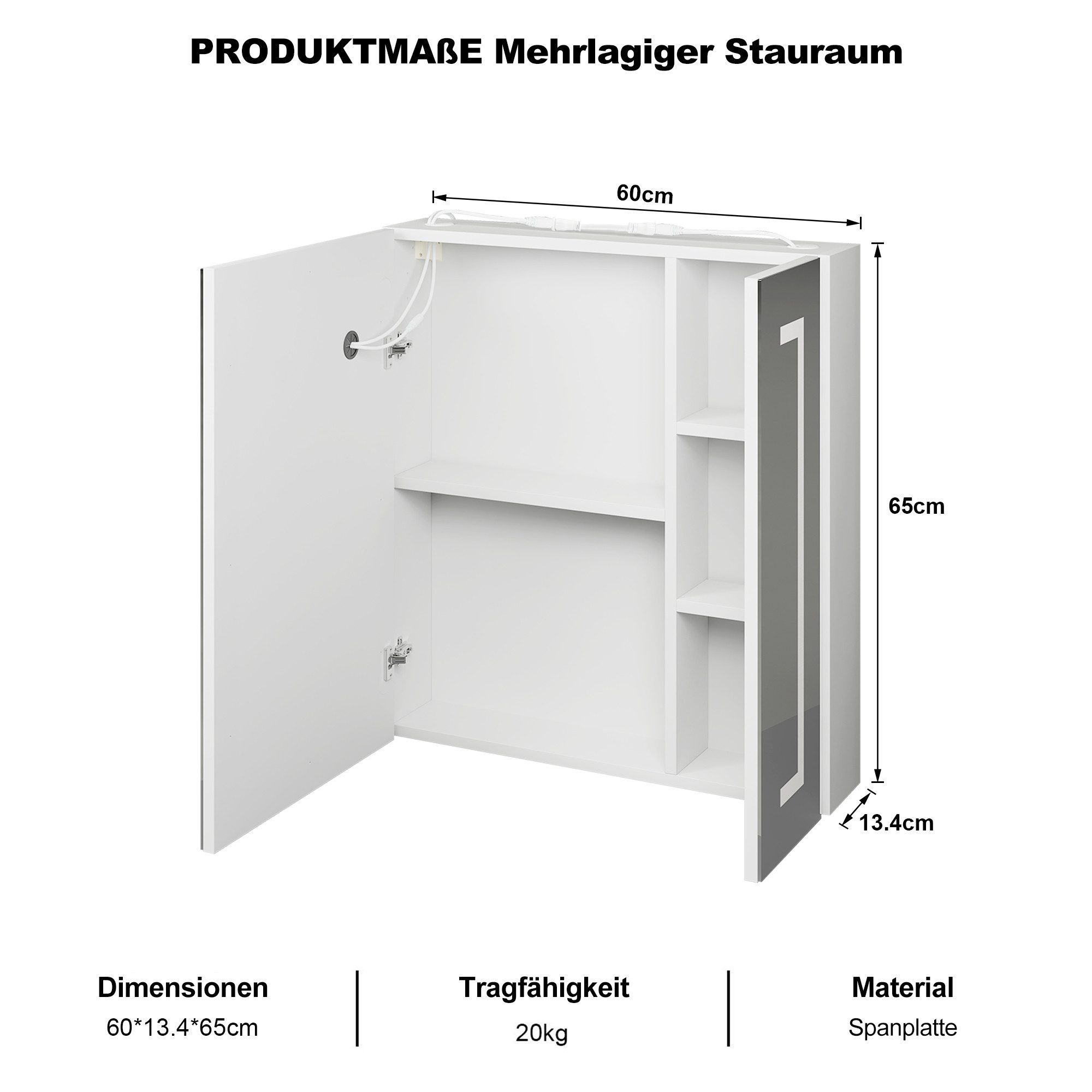 radelldar Spiegelschrank LED Badspiegelschrank mit Stauraum, Hängender Medizinschrank (1-St) mit 3 Lichtfarben & Speicherfunktion, 80 x 65 cm