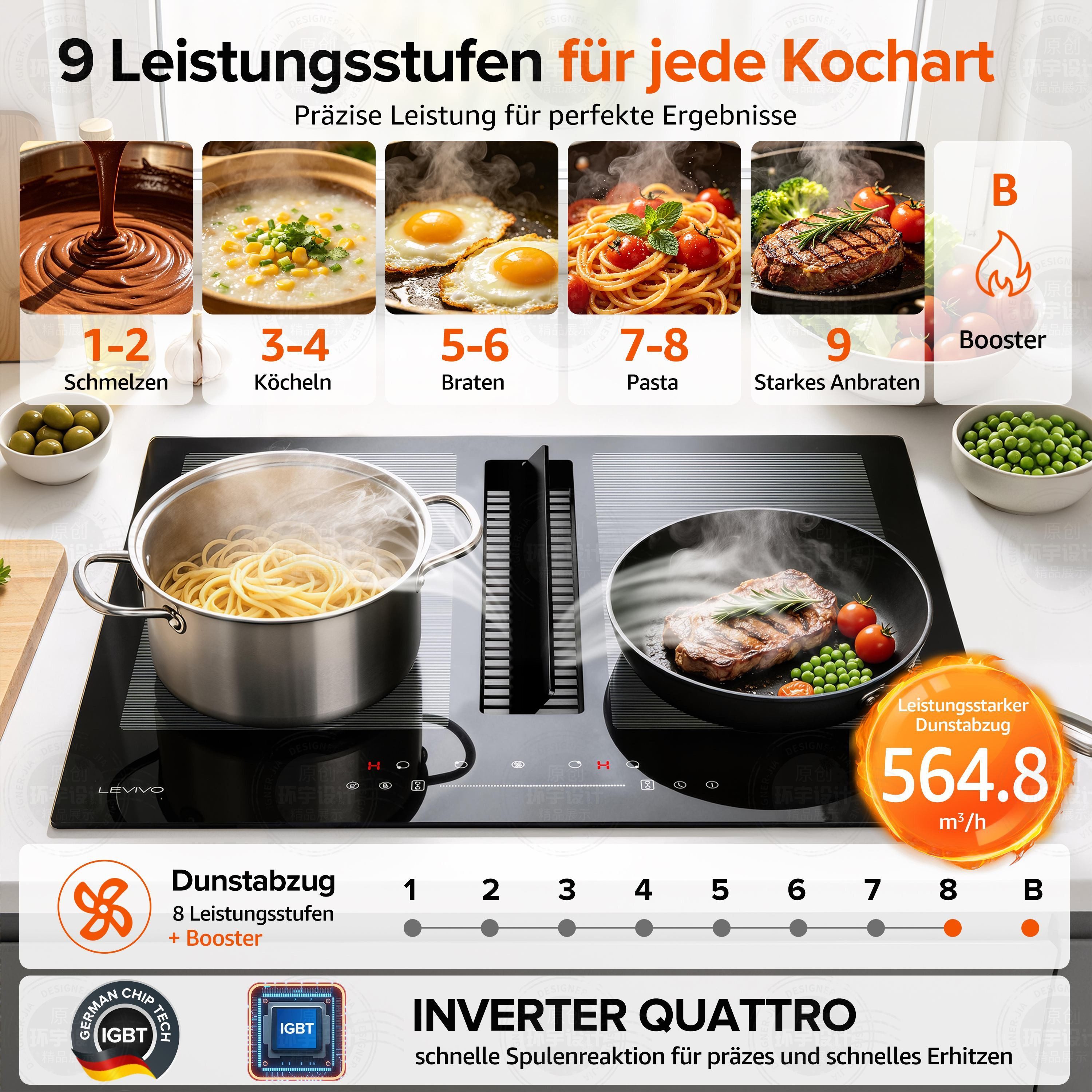 Levivo Induktions-Kochfeld Induktionskochfeld 60 cm mit 531 m³/h Dunstabzug, 9 Stufen & Booster, Touch-Control, Timer, Bridge Funktion, 7270 W