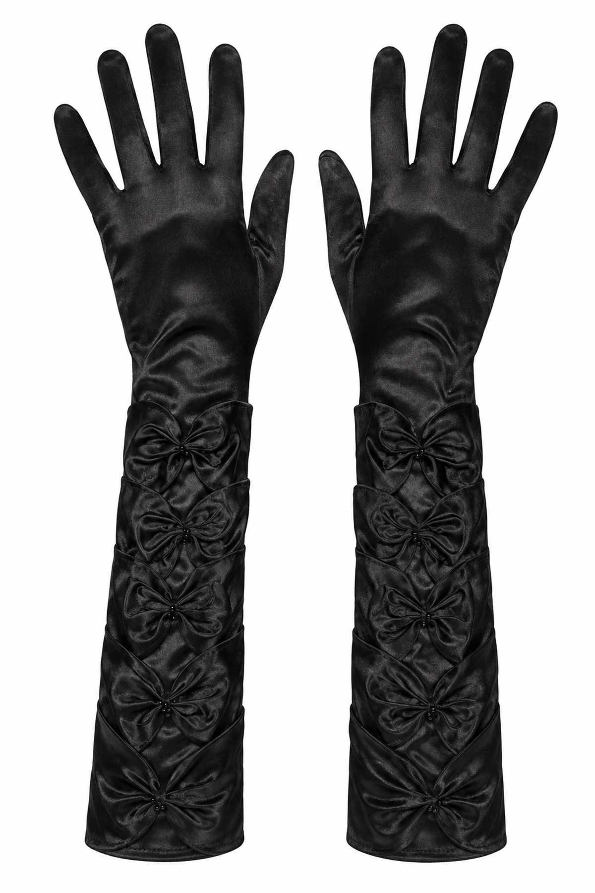 Das Kostümland Kostüm Damen Satin Handschuhe mit Schleifen und Perlen