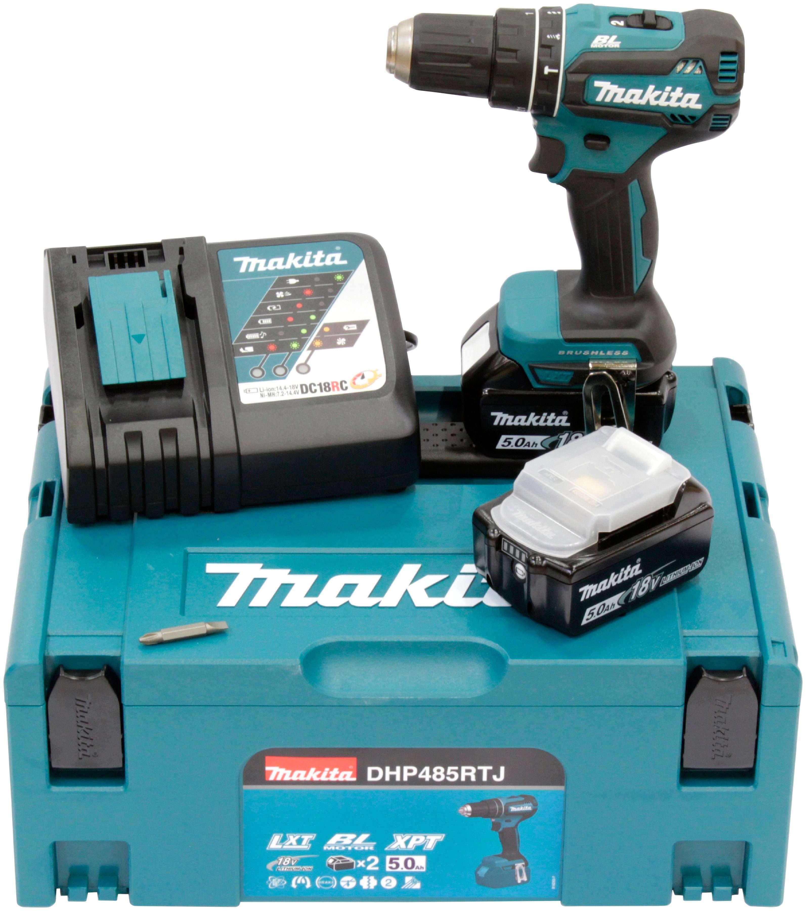 Makita Ladegerät 18 U/min, Ah und mit 1900 Akku-Schlagbohrschrauber Akkus 2 DHP485RTJ, max. V/5