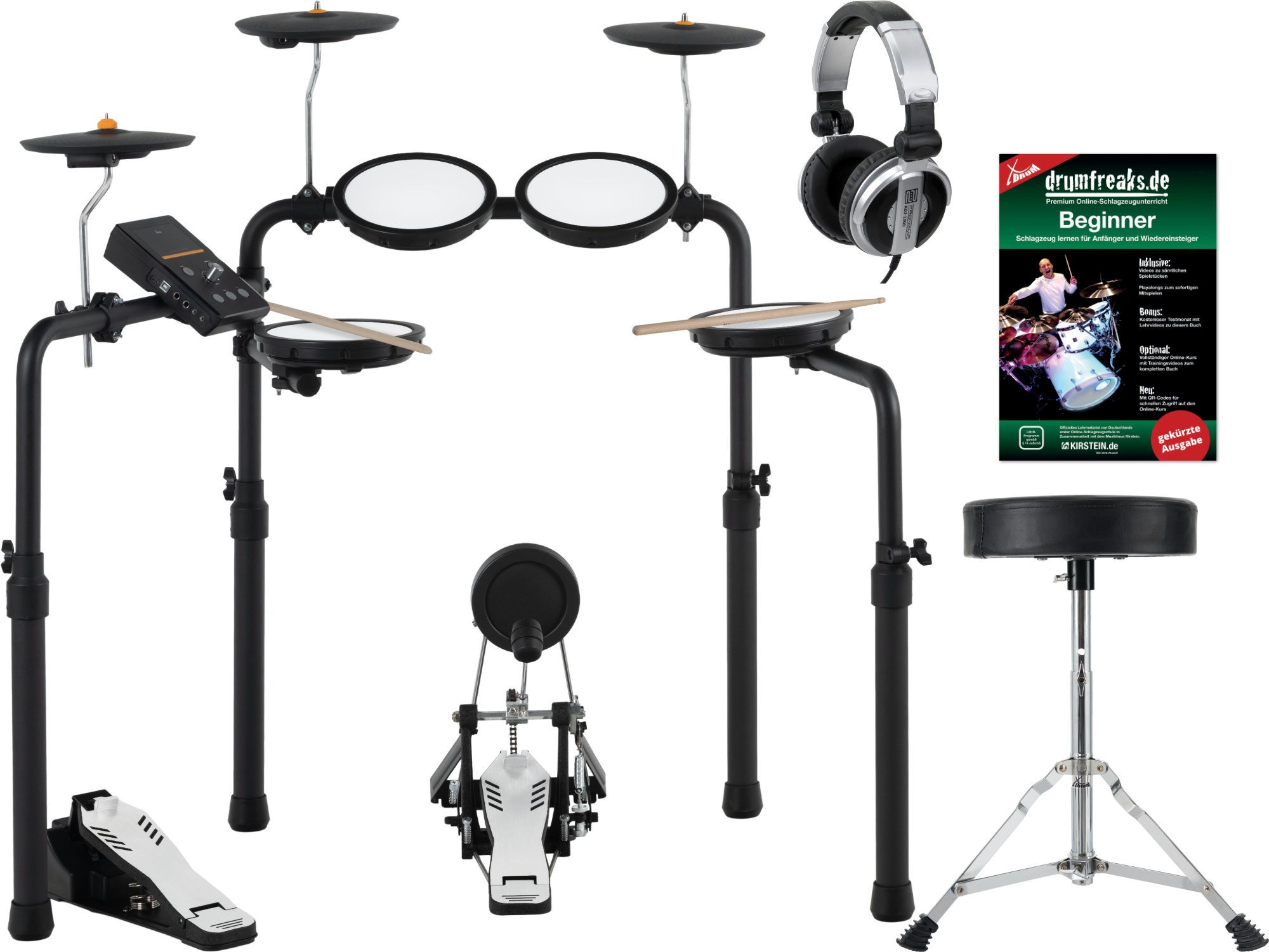 XDrum E-Drum DD-250P E-Drum Kit Set - Sehr platzsparendes E-Drum Set mit Zubehör,Komplett-Set, 10-St., Integrierter Bluetooth-Empfänger, 12 Presetkits mit 74 Sounds & 10 Playalong Songs