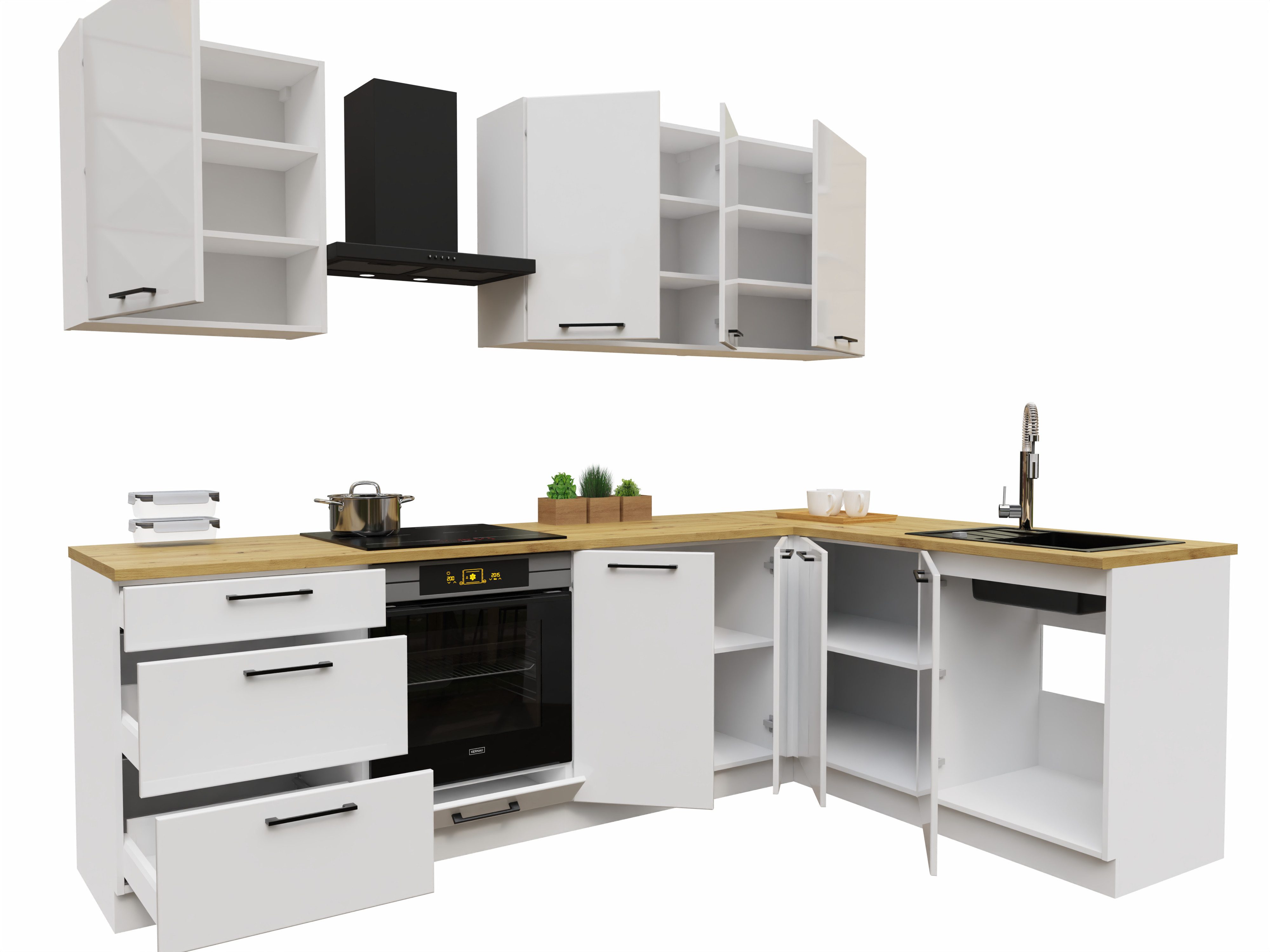 Möbel für Dich Winkelküche moderne Eckküche in L-Form Denis 260x170 cm, 8-teilig, mit Fronten in Weiß Hochglanz oder Beige matt
