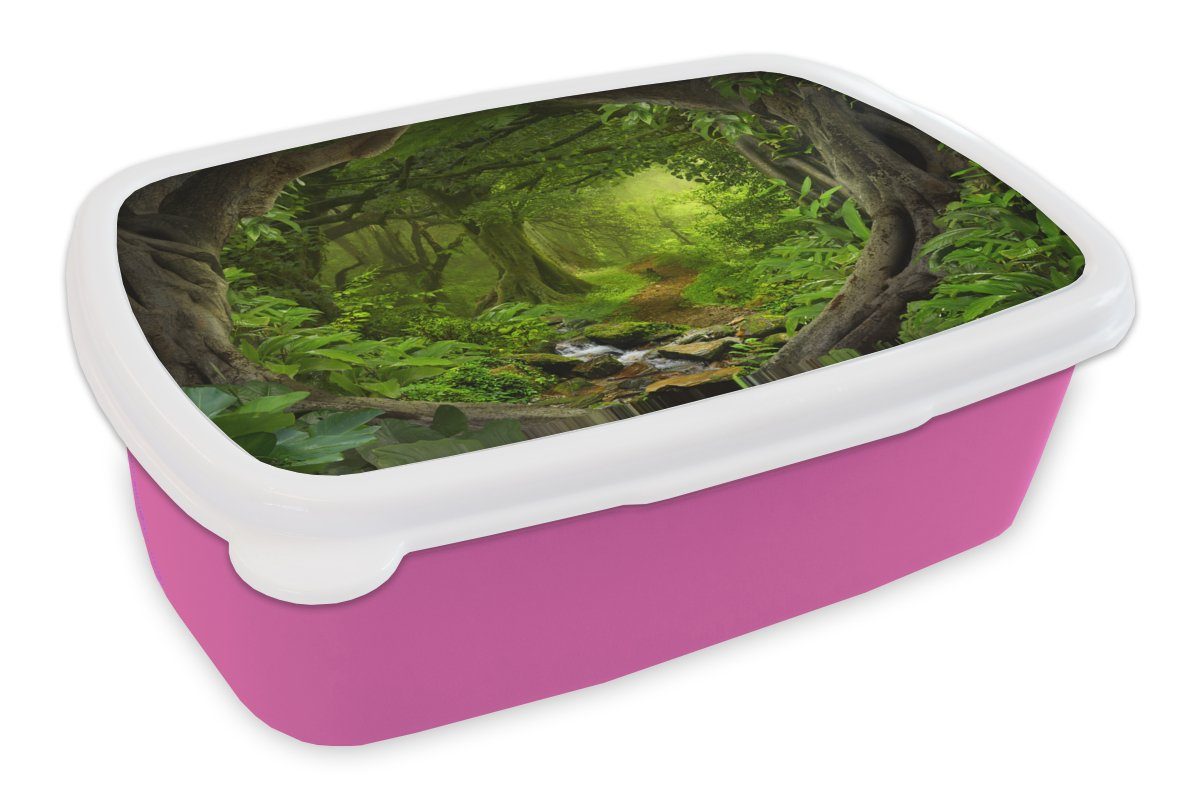 MuchoWow Lunchbox Dschungel - Grün - Natur - Tropisch - Pflanzen, Kunststoff, (2-tlg), Brotbox für Erwachsene, Brotdose Kinder, Snackbox, Mädchen, Kunststoff rosa