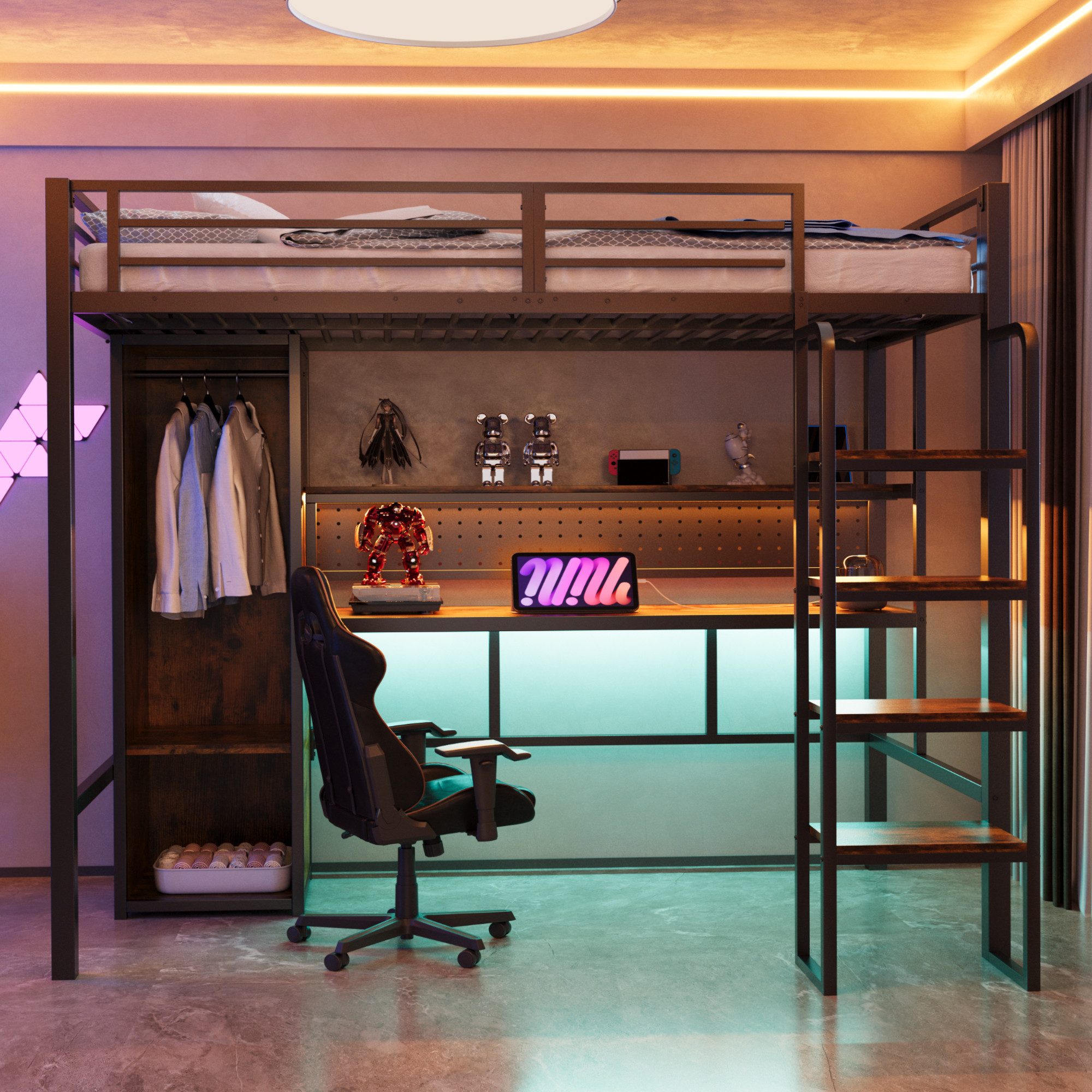 Flieks Hochbett Metallbett 90x200cm mit Schreibtisch Kleiderschrank LED-Lichtleiste