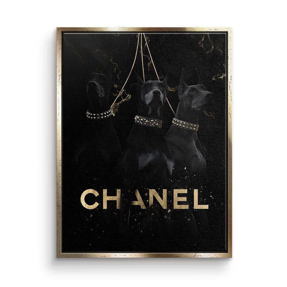 DOTCOMCANVAS® Leinwandbild, Premium Dobermann schwarzer Three Dogs Rahmen - Wandbild Luxury
