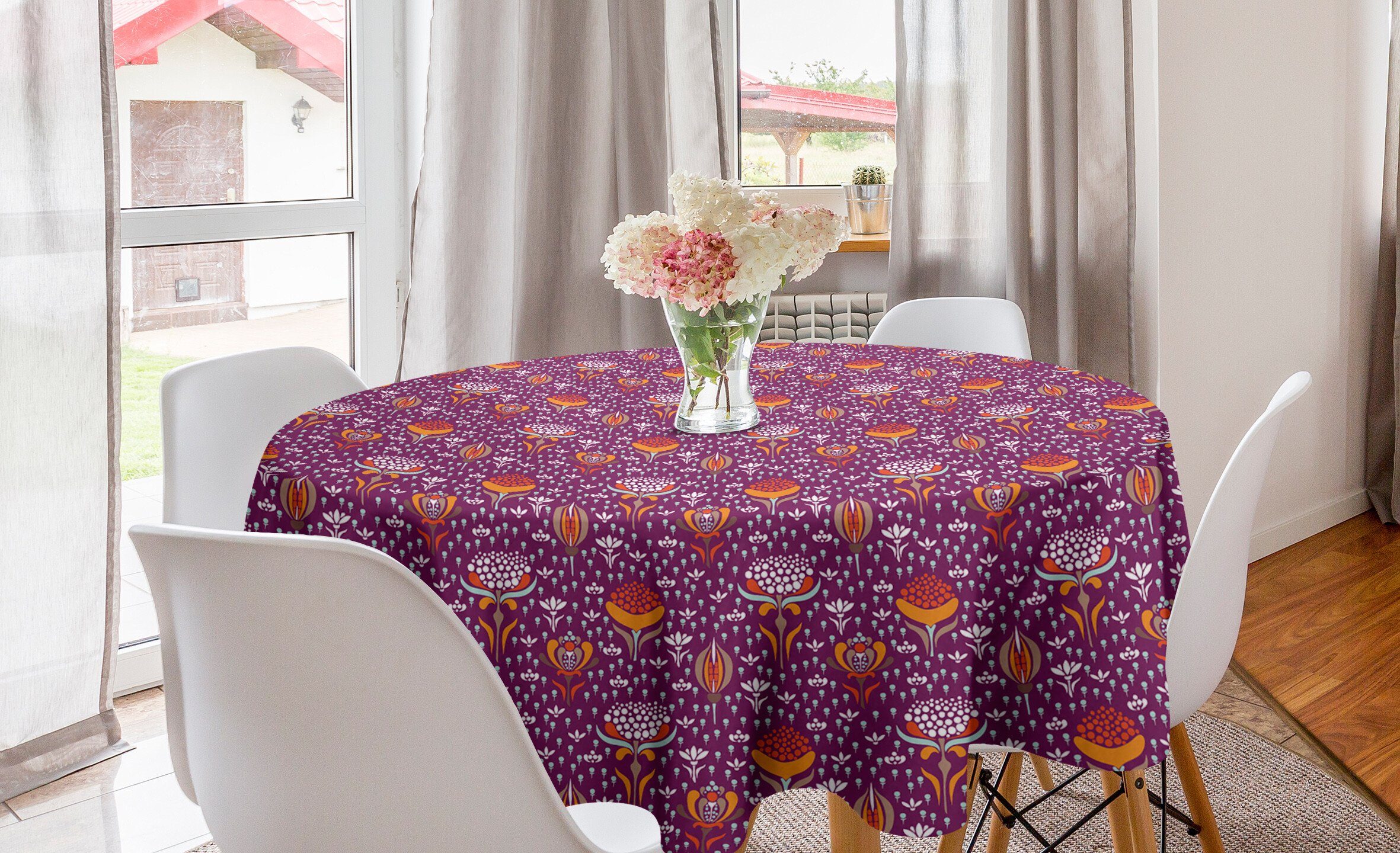 Abakuhaus Tischdecke für Kreis Küche Blumen Esszimmer Abdeckung Dekoration, Gartenelemente Botanischer Tischdecke