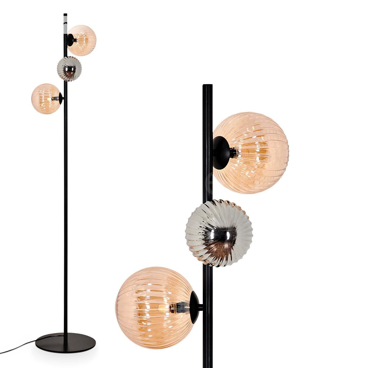 Stehlampe Stehlampe aus Metall/Riffelglas in Schwarz/Rauch/Bernstein