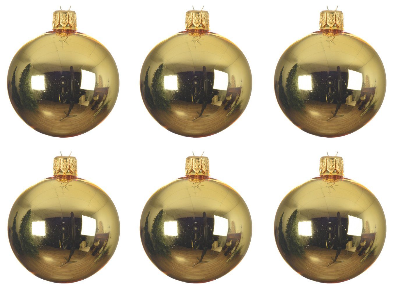 Kaemingk Weihnachtsbaumkugel, Weihnachtskugeln Glas 8cm mundgeblasen 6er Box - Hellgold glänzend