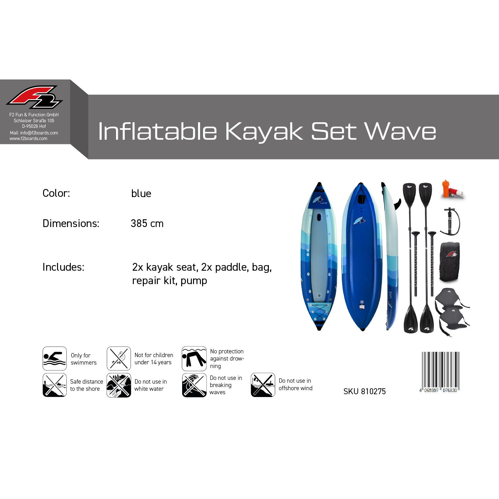 F2 Zweierkajak F2 Inflatable Kajak Set Wave 2 Sitzer Aufblasbar 385cm Blau
