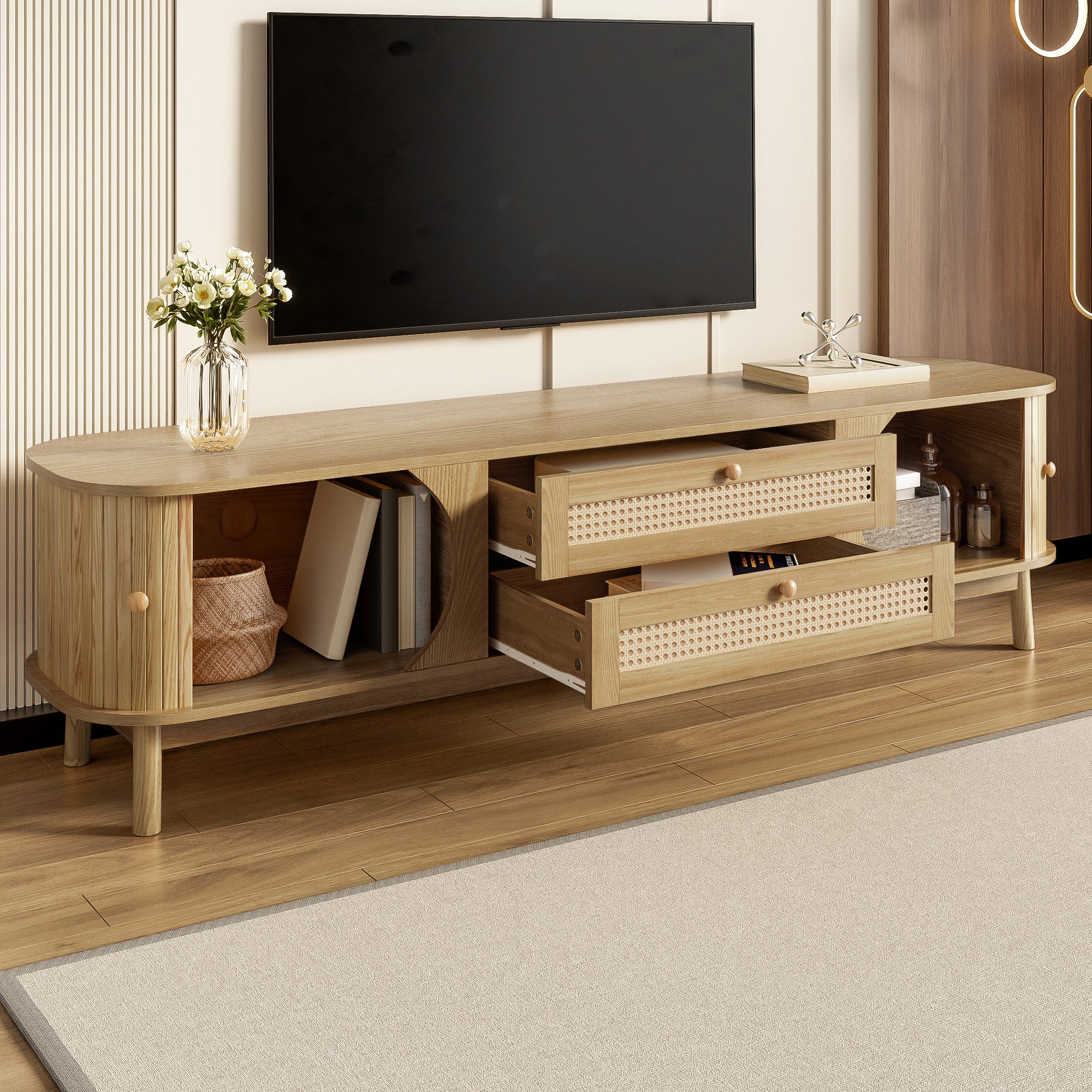 Odikalo TV-Schrank Sideboard Lowboard TV-Ständer mit Türen Schubladen Rattan Seiten Natur 170 L x 39,5 B x46 H(cm)