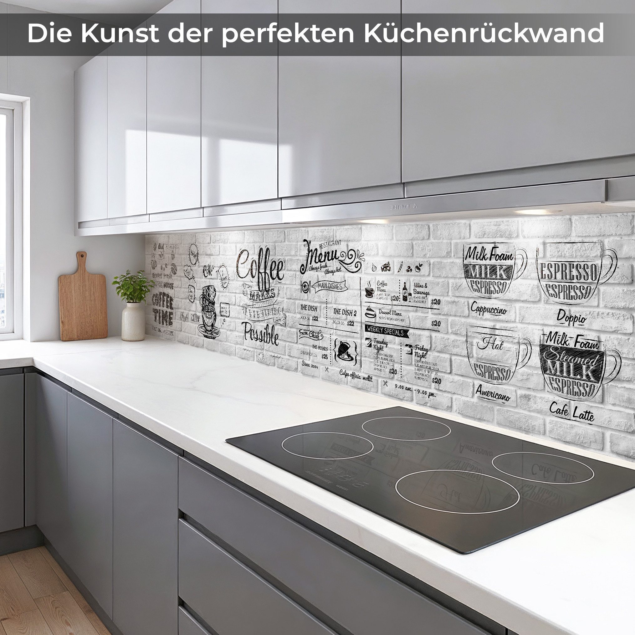 Rodnik Küchenrückwand Coffee Menu, monolithische ABS-Platte mit Direktdruck, formstabil und langlebig