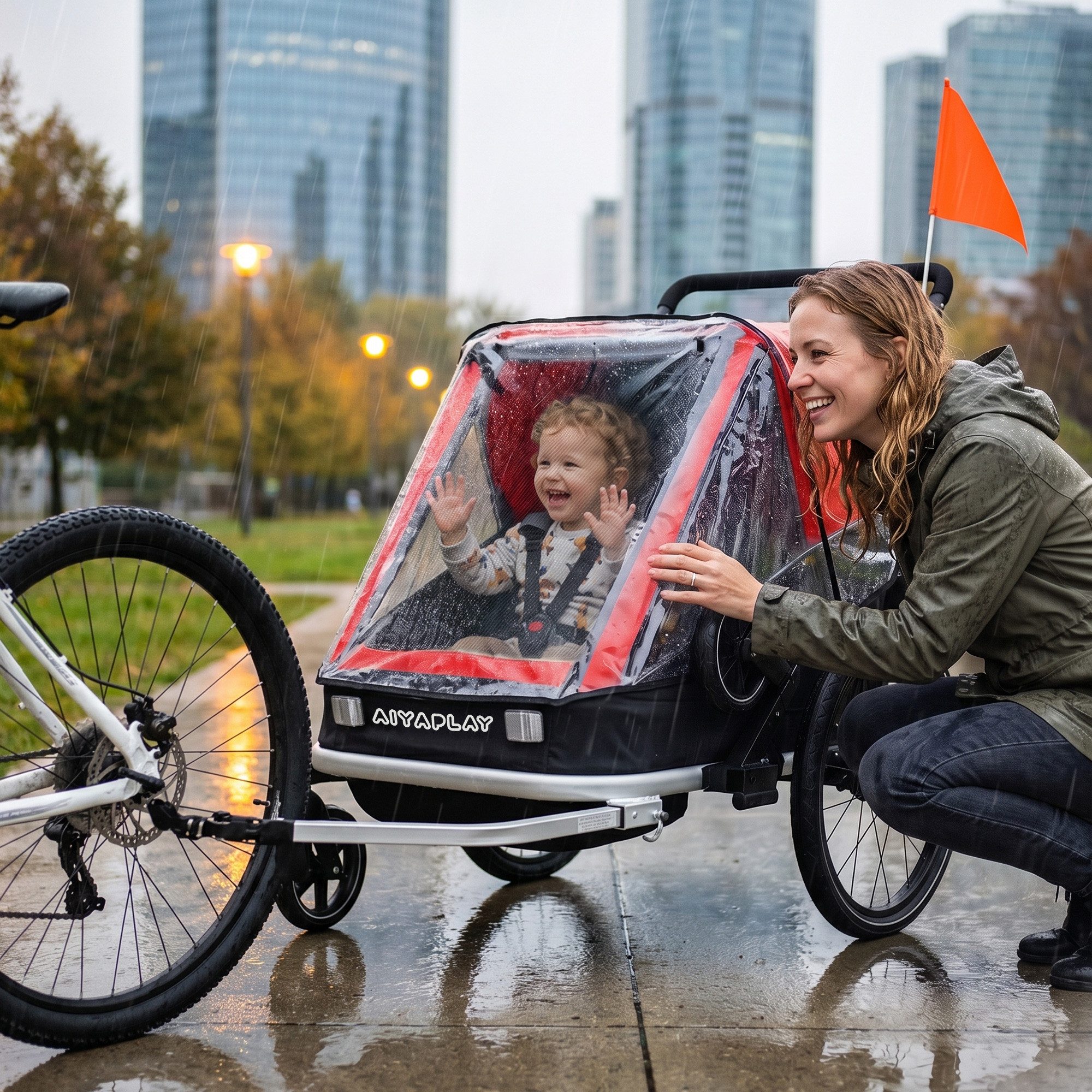 AIYAPLAY Fahrradkinderanhänger 2-Sitzer Faltbar Kinderfahrradanhänger, 2-in-1 klappbar, für 2 Kinder, Reflektoren