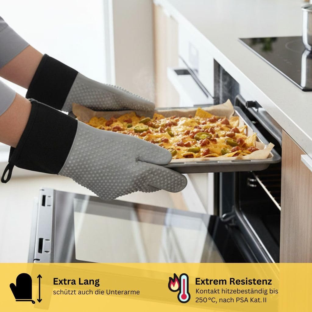 Fire Stone Grillhandschuhe, Silikon Ofenhandschuhe, 1 Paar, hitzebeständig bis 250°C, mit Fingern, 34x20 cm