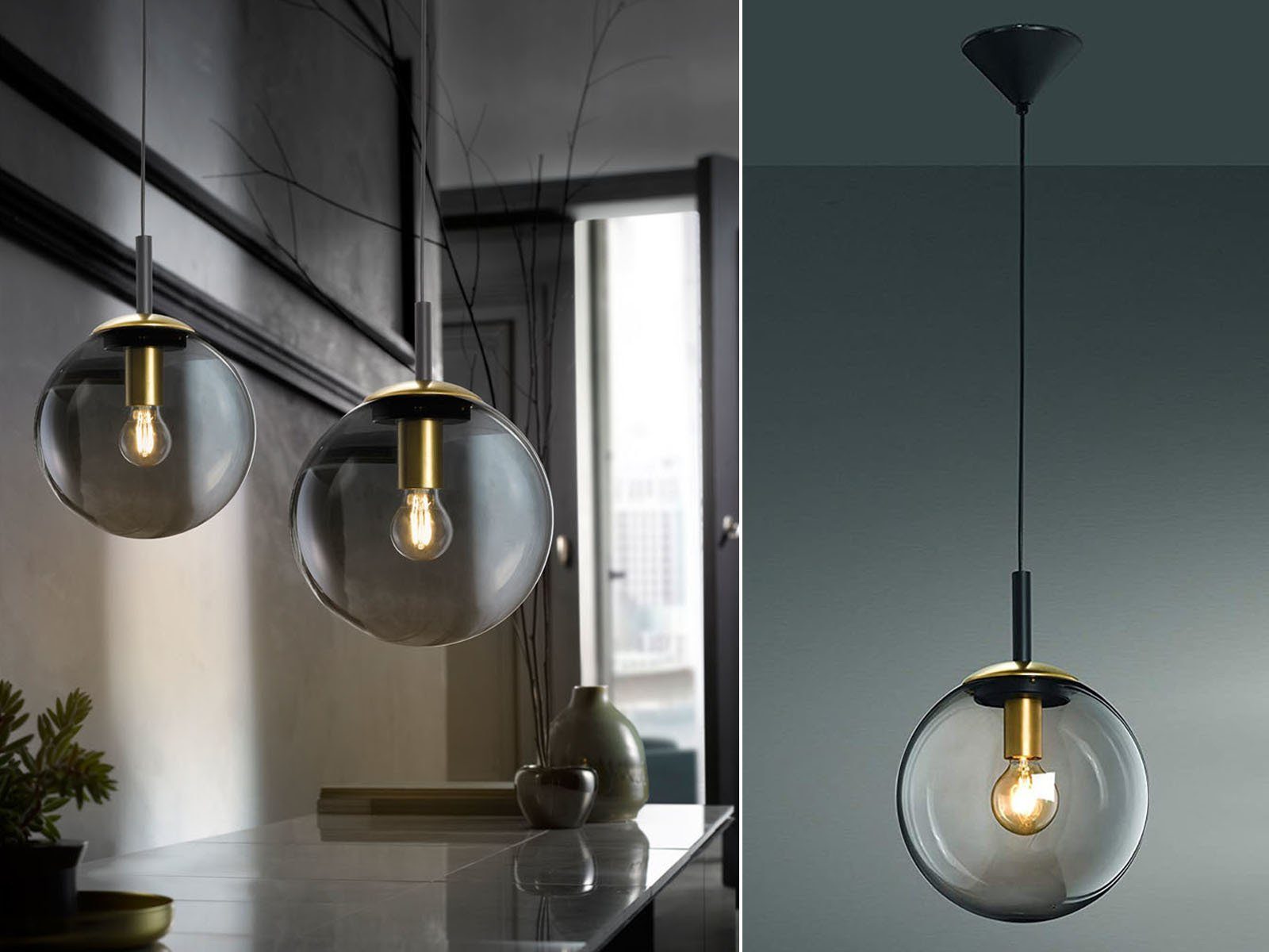 FISCHER & HONSEL LED Pendelleuchte, Dimmfunktion, LED wechselbar, Warmweiß, kleine Design Rauchglas Glas-kugel für über-n Esstisch hängend, Ø 25cm