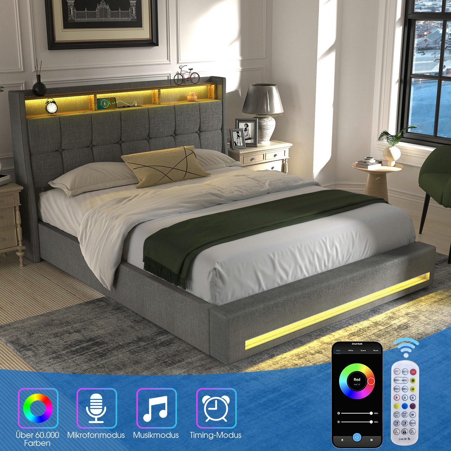 oyajia Polsterbett Doppelbett mit LED Licht,Hydraulisch anhebbarer Stauraumbett 140x200cm (Mit Lattenrost und Ladefunktion, Leinenmaterial Polsterbettt), Modern – Bild 3 von 5